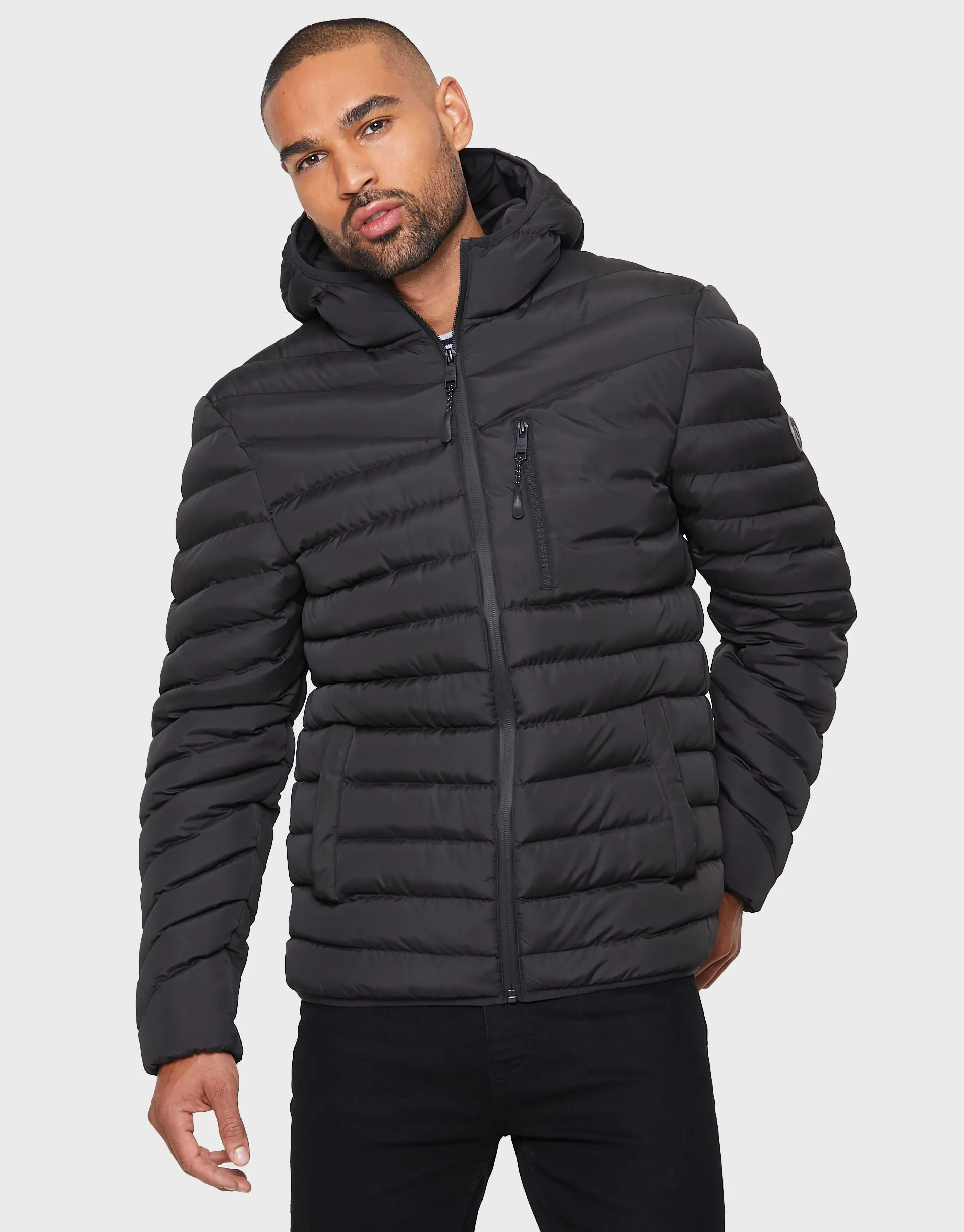 Men's Black Hooded Puffer Jacket sold by Threadbare