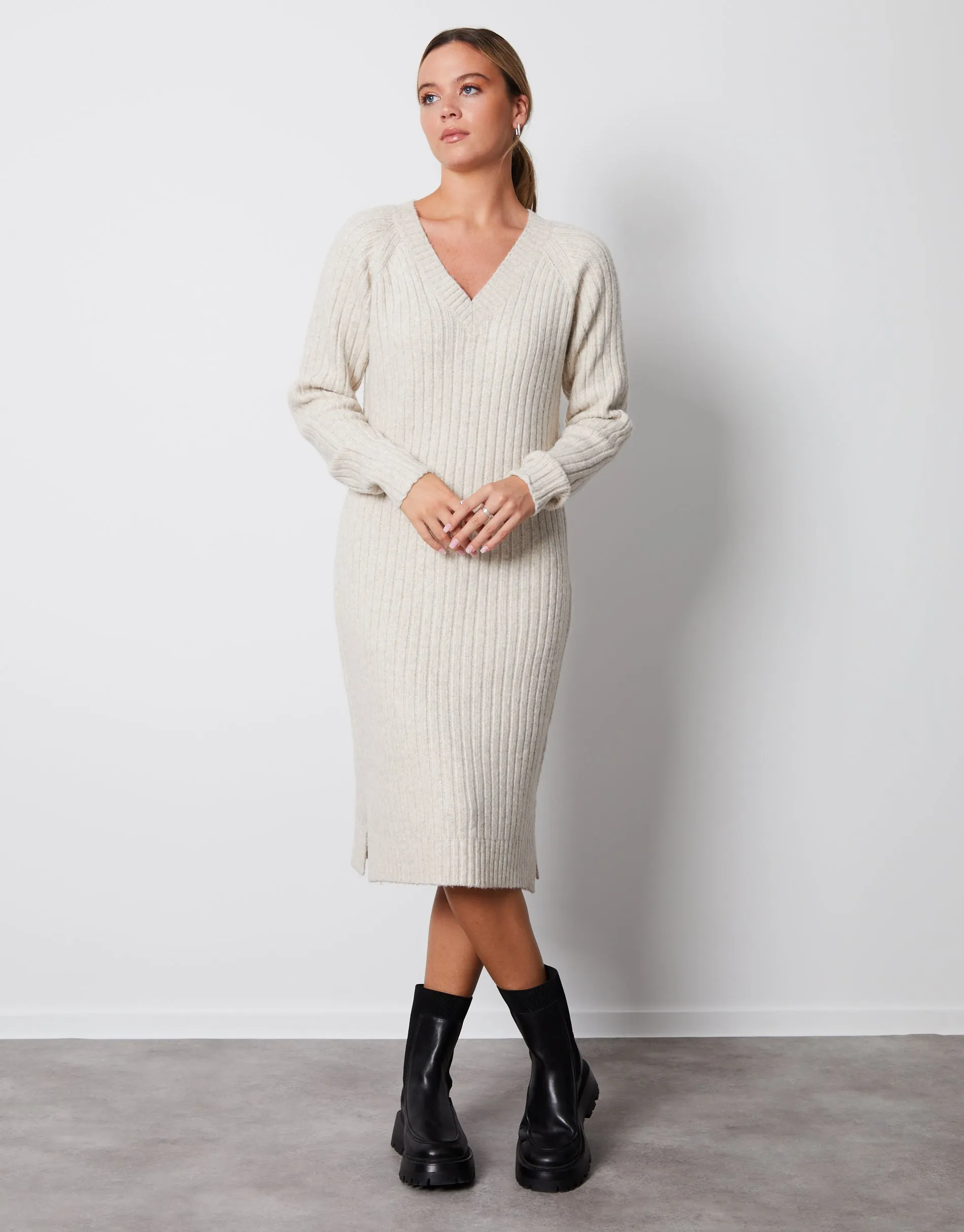 Women's Cream V Neck Knitted Midi Dress sold by Threadbare