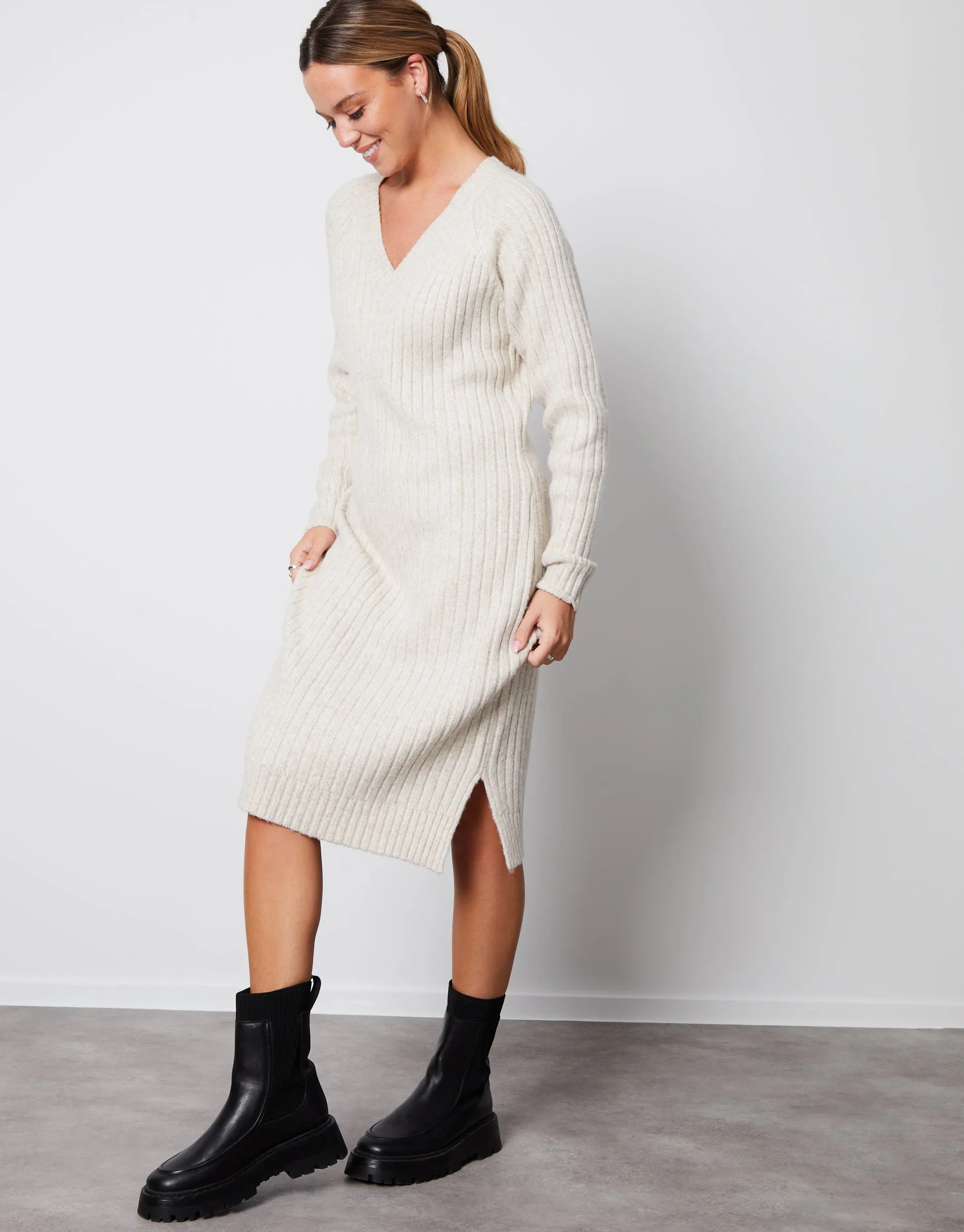 Women's Cream V Neck Knitted Midi Dress sold by Threadbare product image thumbnail 3