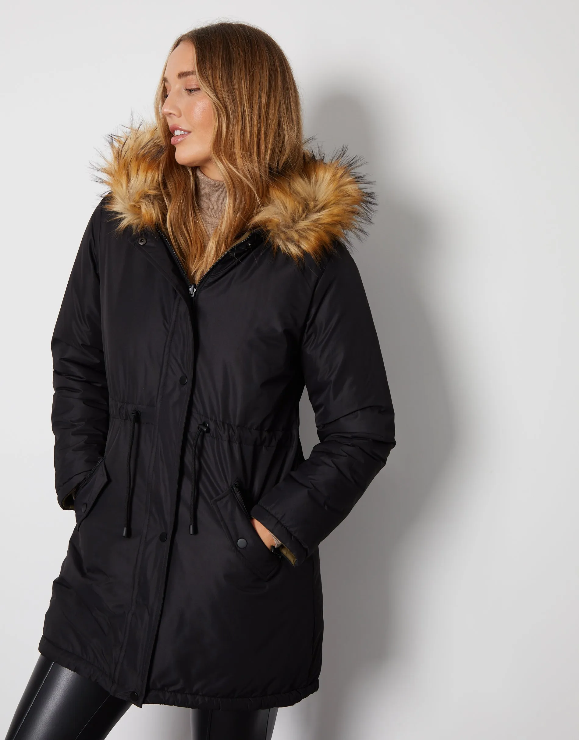 Women's Black & Khaki Reversible Hooded Parka Jacket sold by Threadbare product image thumbnail 4