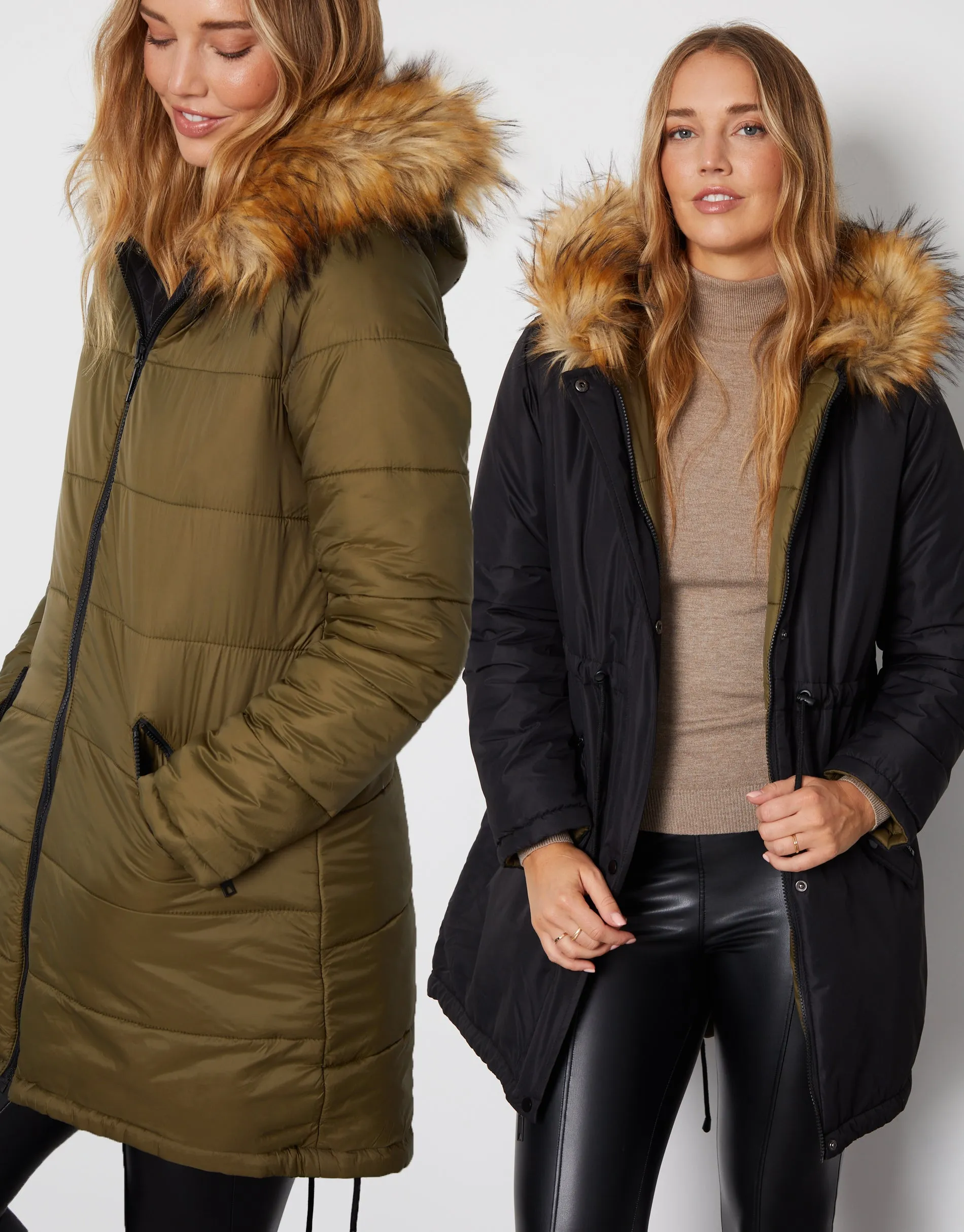 Women's Black & Khaki Reversible Hooded Parka Jacket sold by Threadbare