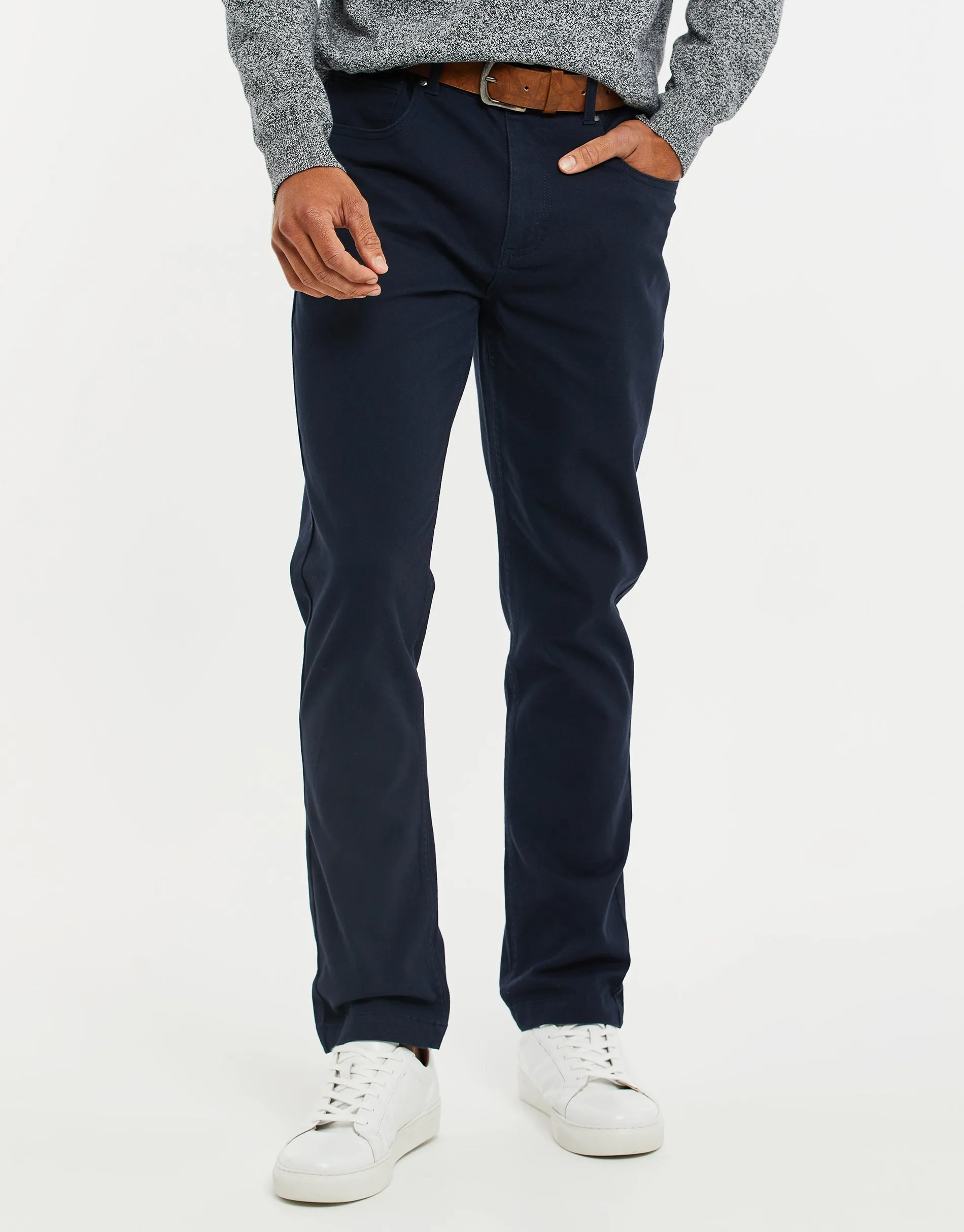 Men's Navy Belted Chino Trousers sold by Threadbare