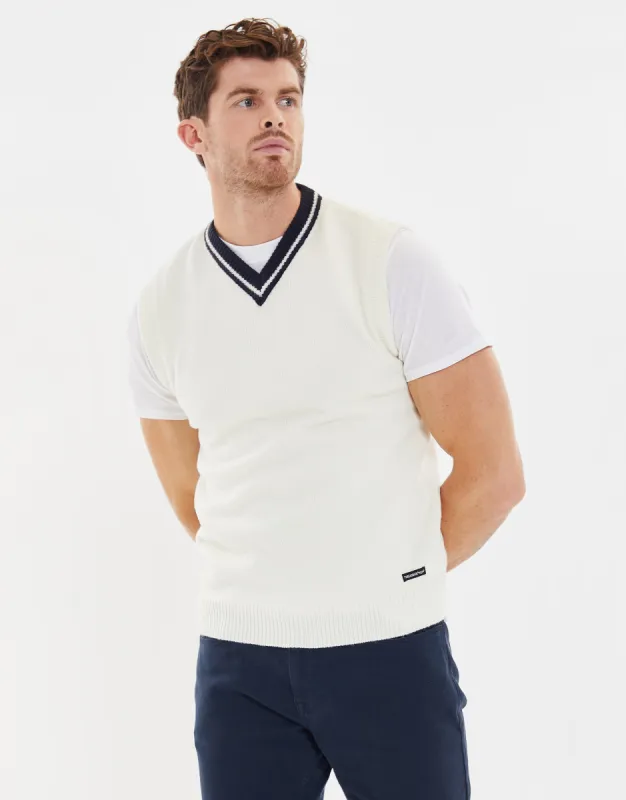 Men's White V Neck Knitted Vest sold by Threadbare