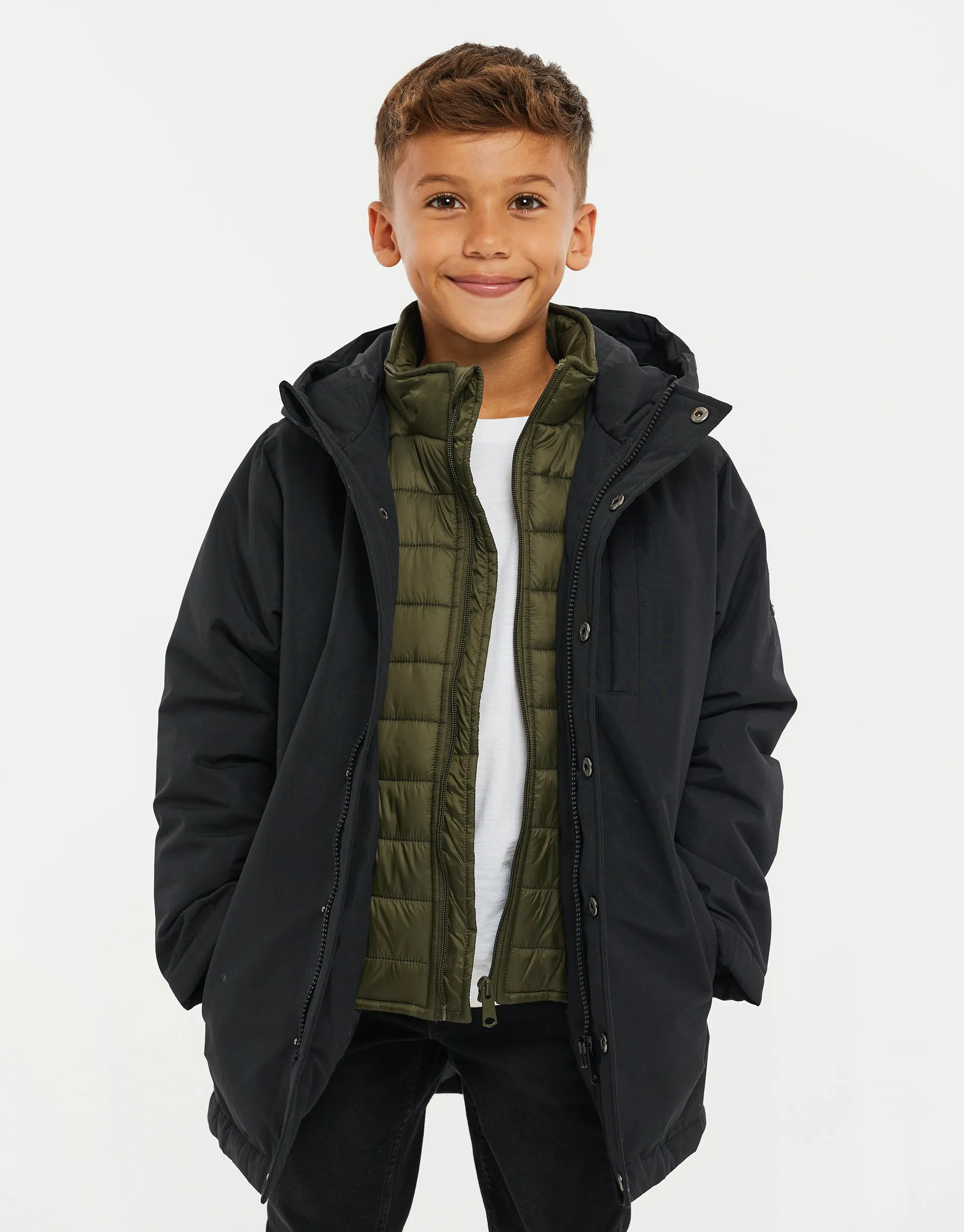 Boys' Black Mock Layer Coat sold by Threadbare