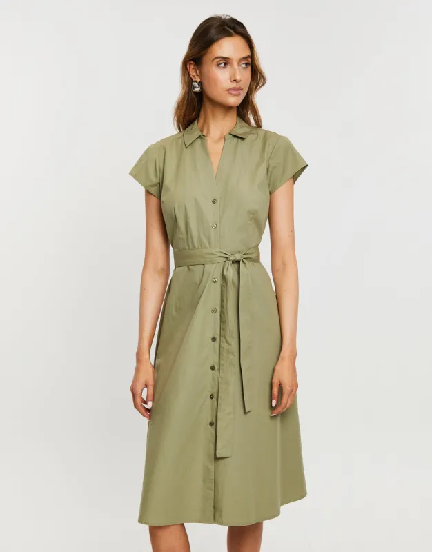 Women's Khaki Cotton Poplin V Neck Open Collar Shirt Dress With Tie Belt sold by Threadbare