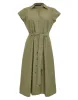 Women's Khaki Cotton Poplin V Neck Open Collar Shirt Dress With Tie Belt sold by Threadbare