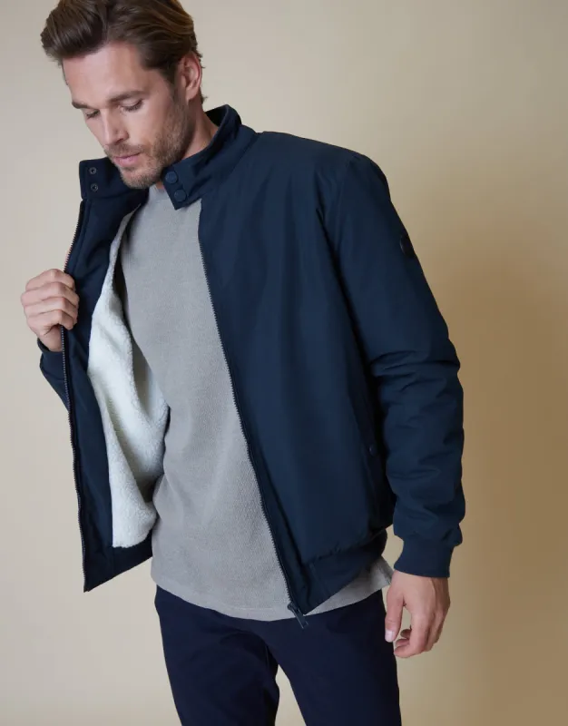 Men's Navy Showerproof Borg Lined Harrington Jacket sold by Threadbare