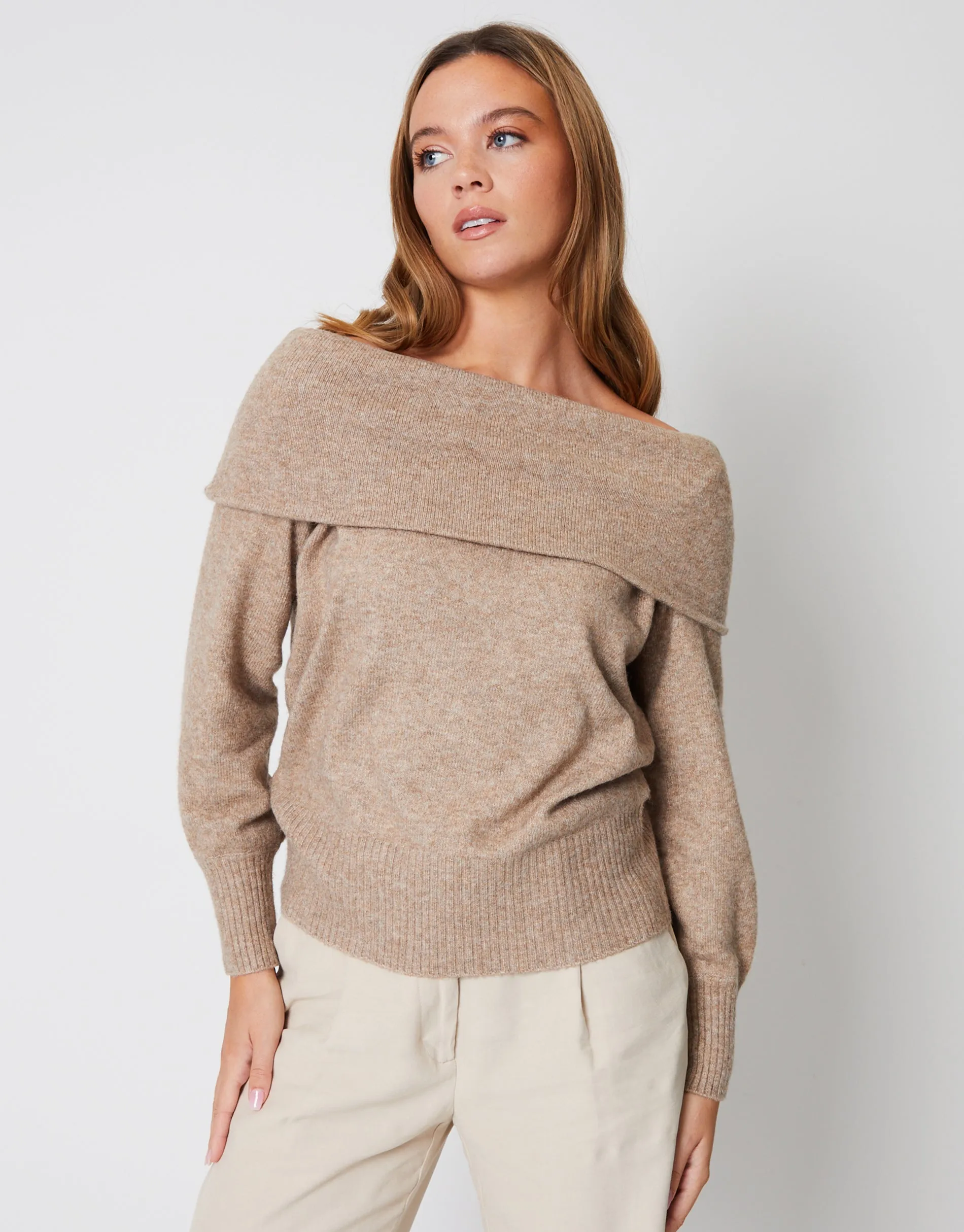 Women's Beige Off The Shoulder Bardot Jumper sold by Threadbare
