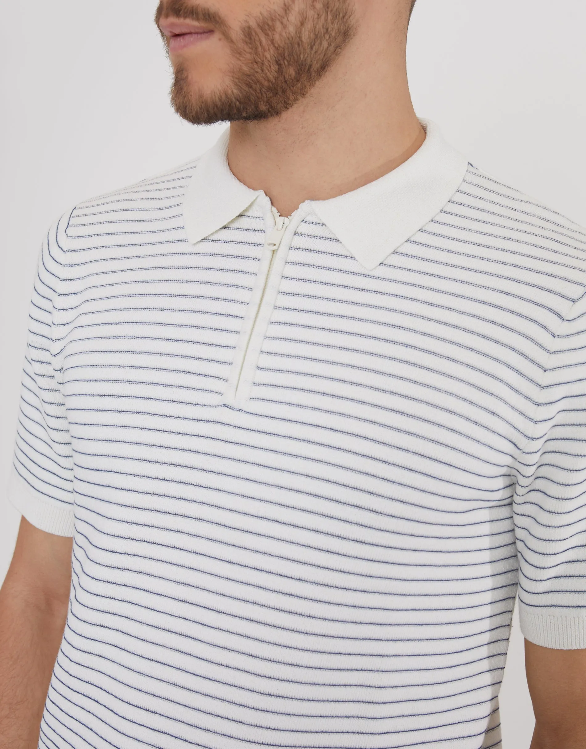 Men's Ecru Textured Stripe Quarter Zip Knitted Polo sold by Threadbare product image thumbnail 3