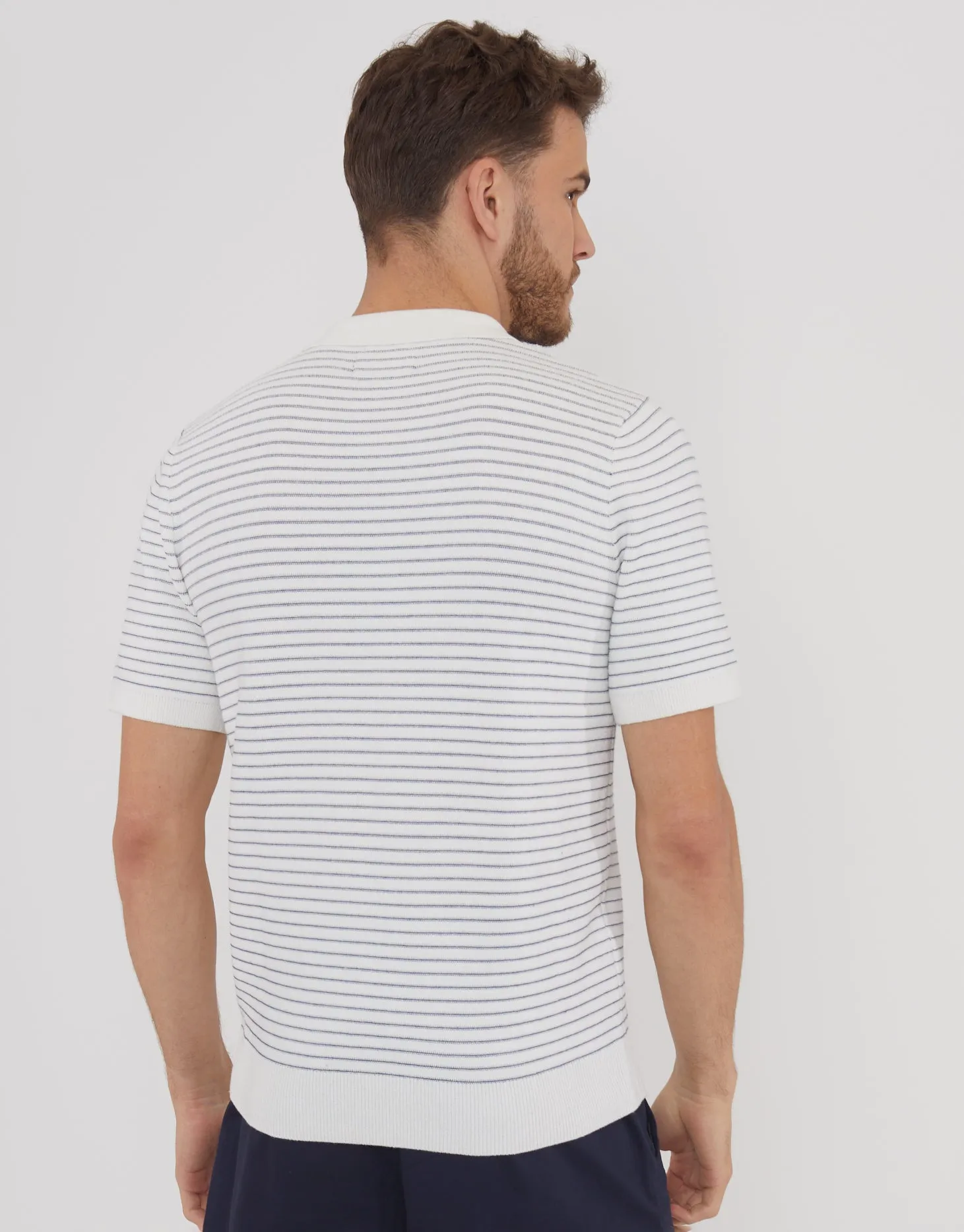 Men's Ecru Textured Stripe Quarter Zip Knitted Polo sold by Threadbare product image thumbnail 2