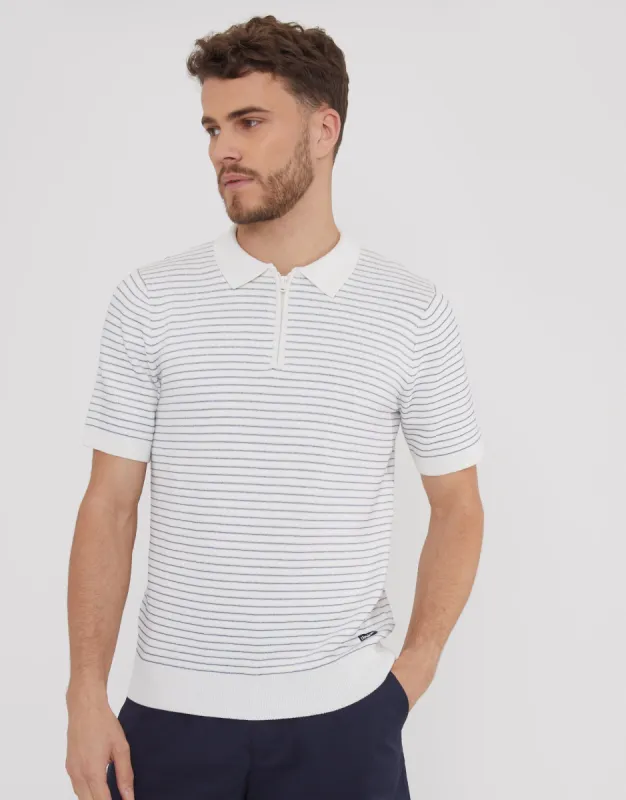 Men's Ecru Textured Stripe Quarter Zip Knitted Polo sold by Threadbare