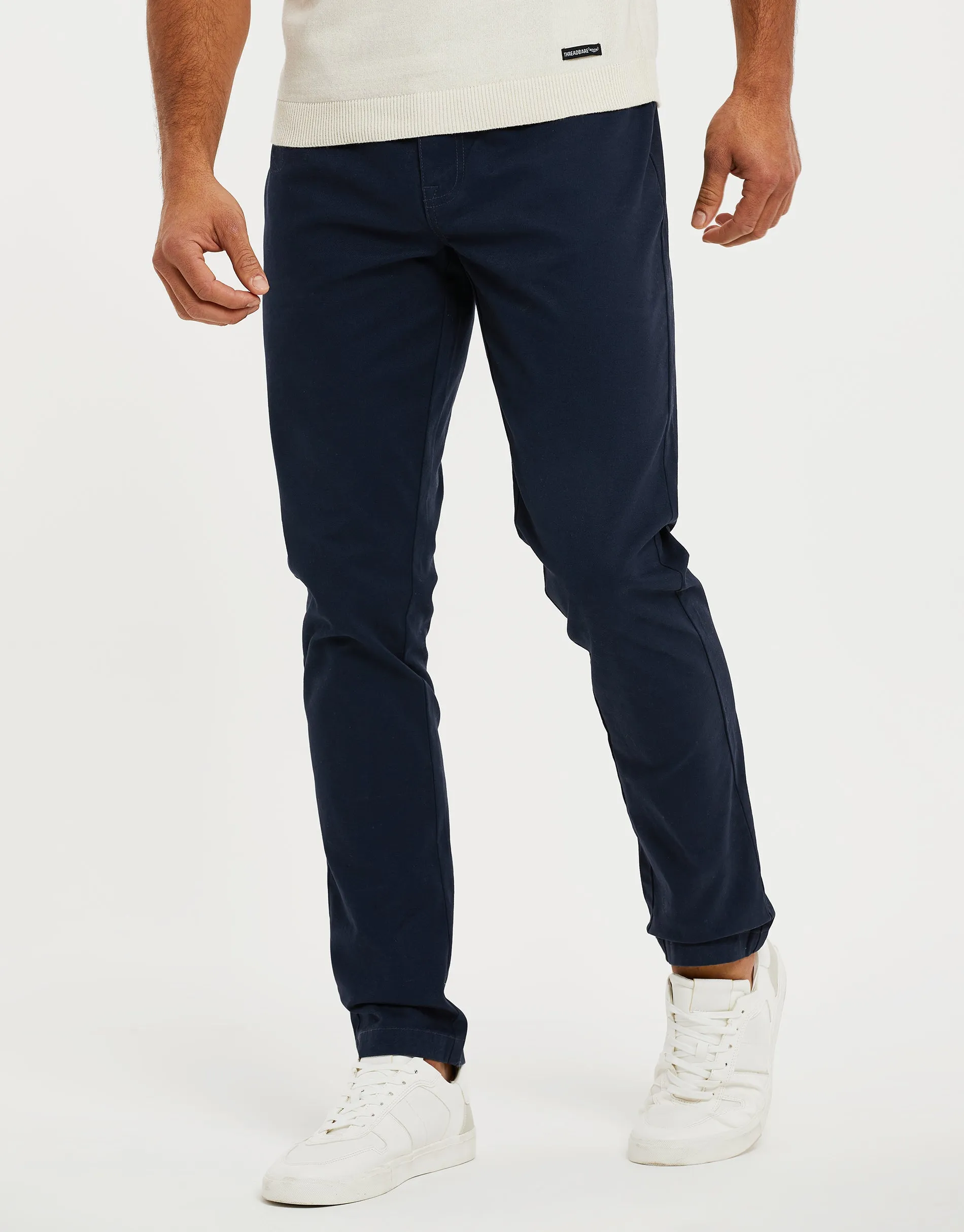 Men's Navy Drawcord Chino Trousers sold by Threadbare