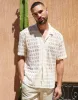 Men's Cream Open Weave Texture Revere Collar Short Sleeve Shirt sold by Threadbare