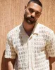 Men's Cream Open Weave Texture Revere Collar Short Sleeve Shirt sold by Threadbare