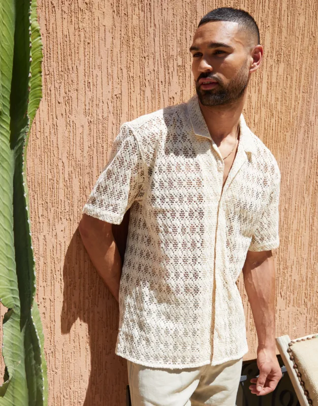 Men's Cream Open Weave Texture Revere Collar Short Sleeve Shirt sold by Threadbare