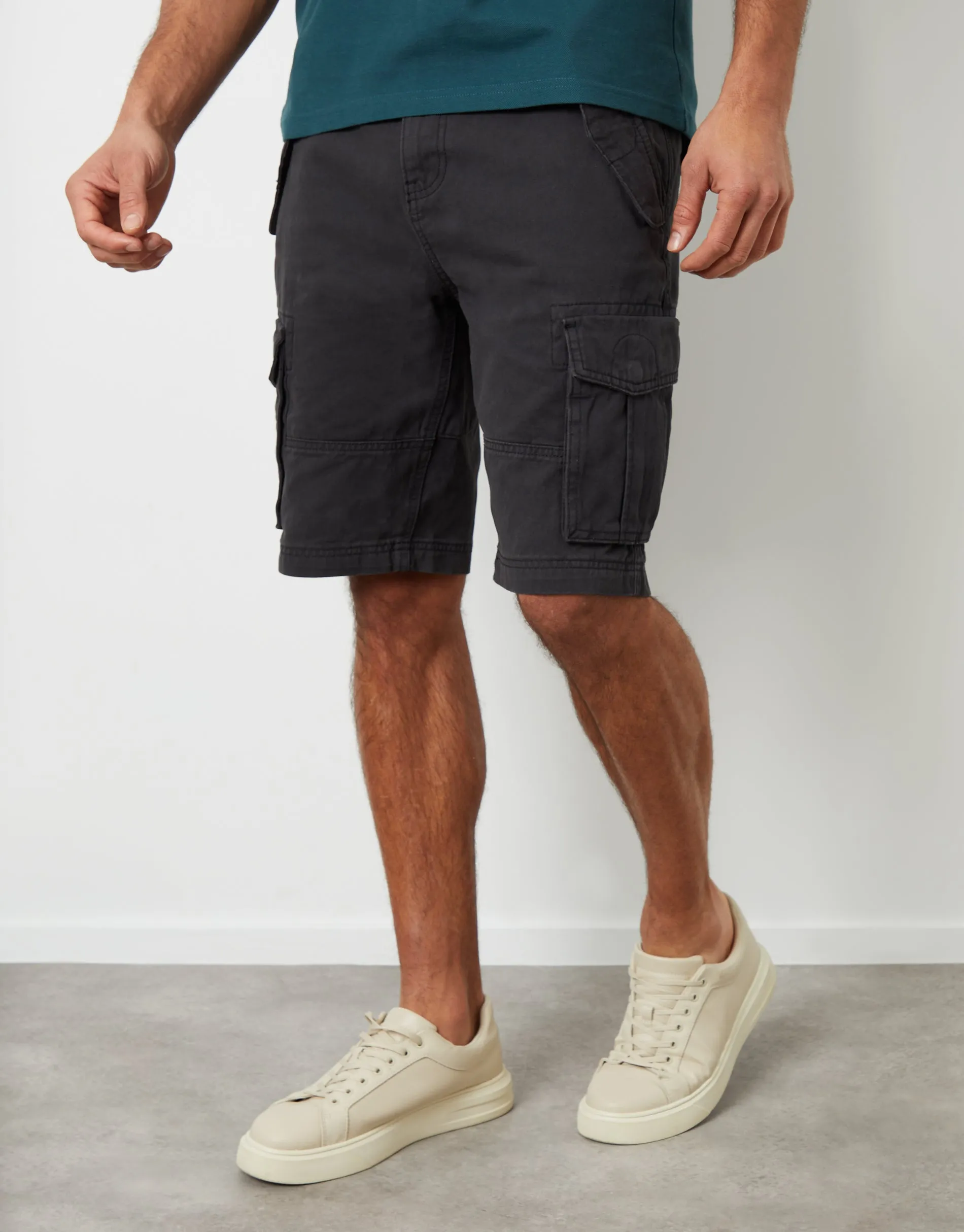 Black Cotton Utility Cargo Shorts sold by Threadbare