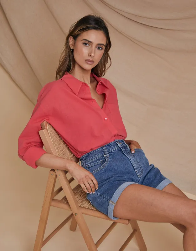 Women's Pink Longline Linen Look Cotton Shirt sold by Threadbare