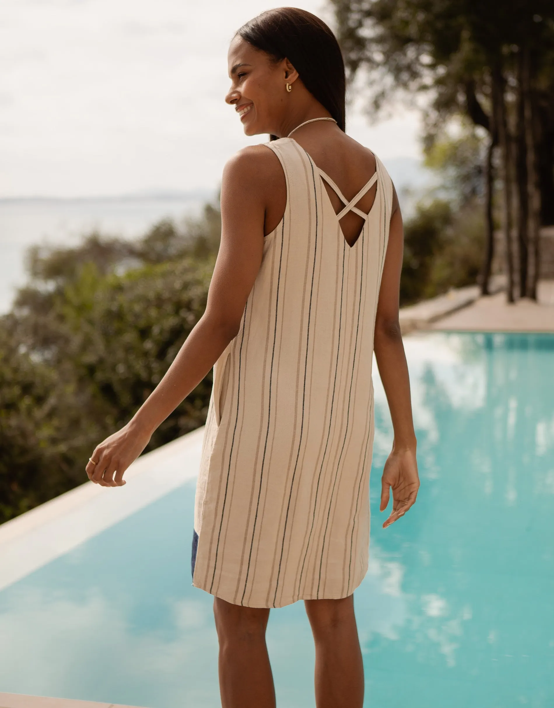 Women's Stone Stripe Linen Blend Sleeveless Shift Dress with Contrast Navy Hem sold by Threadbare product image thumbnail 2
