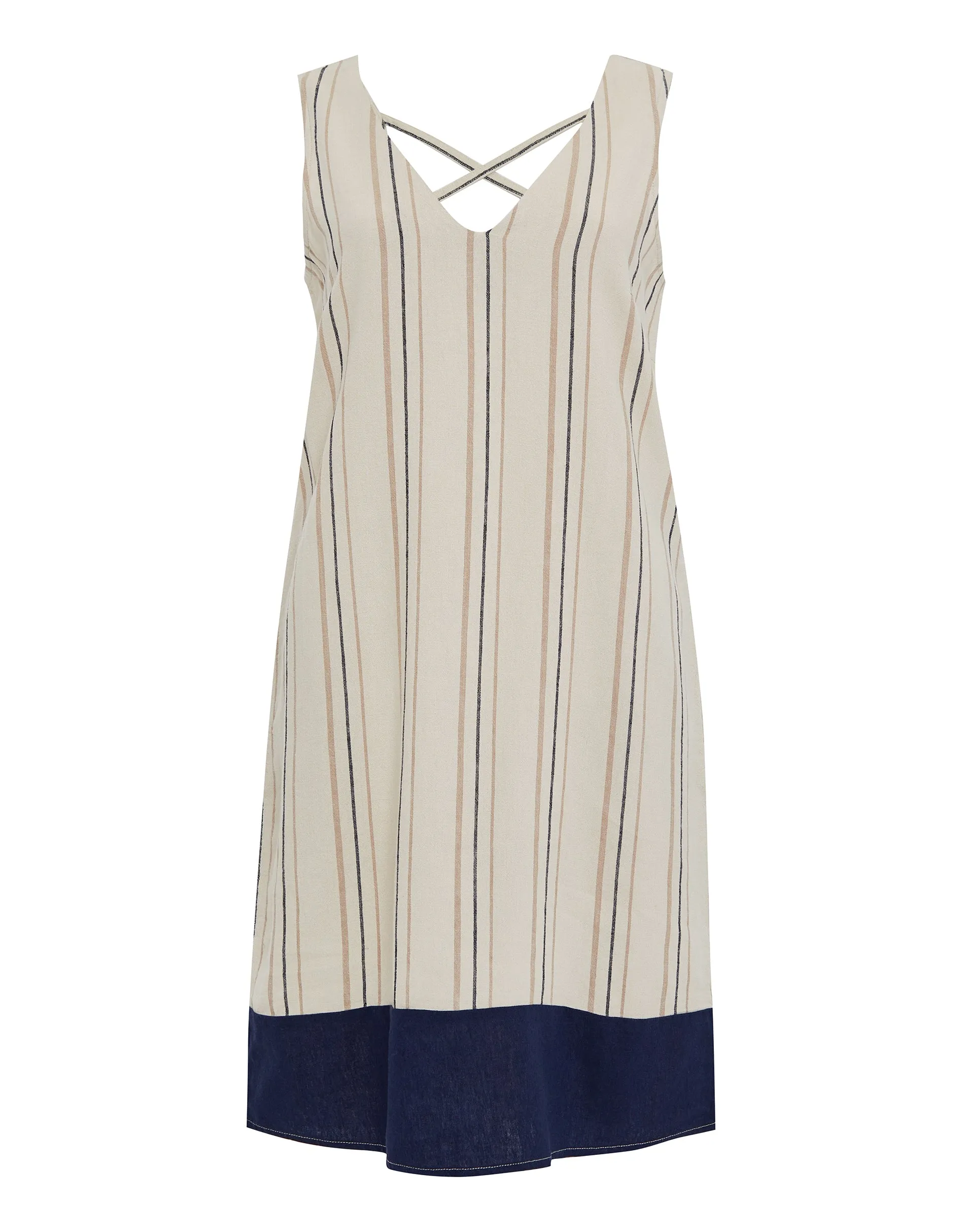 Women's Stone Stripe Linen Blend Sleeveless Shift Dress with Contrast Navy Hem sold by Threadbare product image thumbnail 5