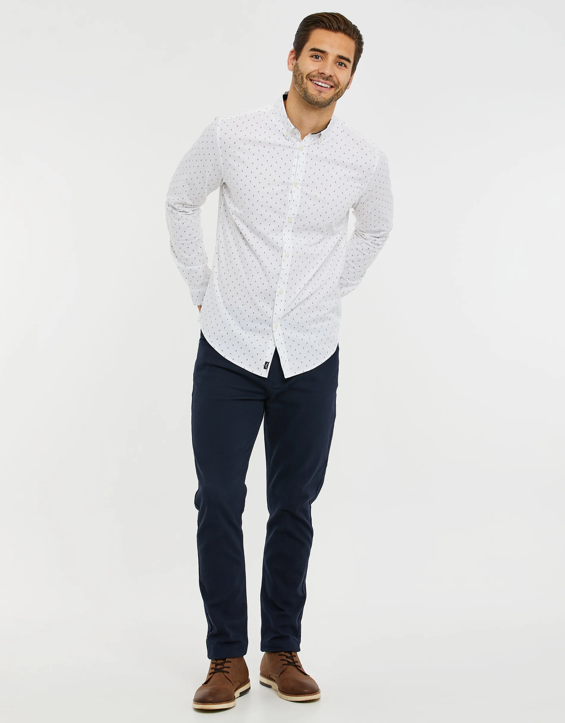 Men's White Geometric Print Long Sleeve Shirt sold by Threadbare product image thumbnail 3