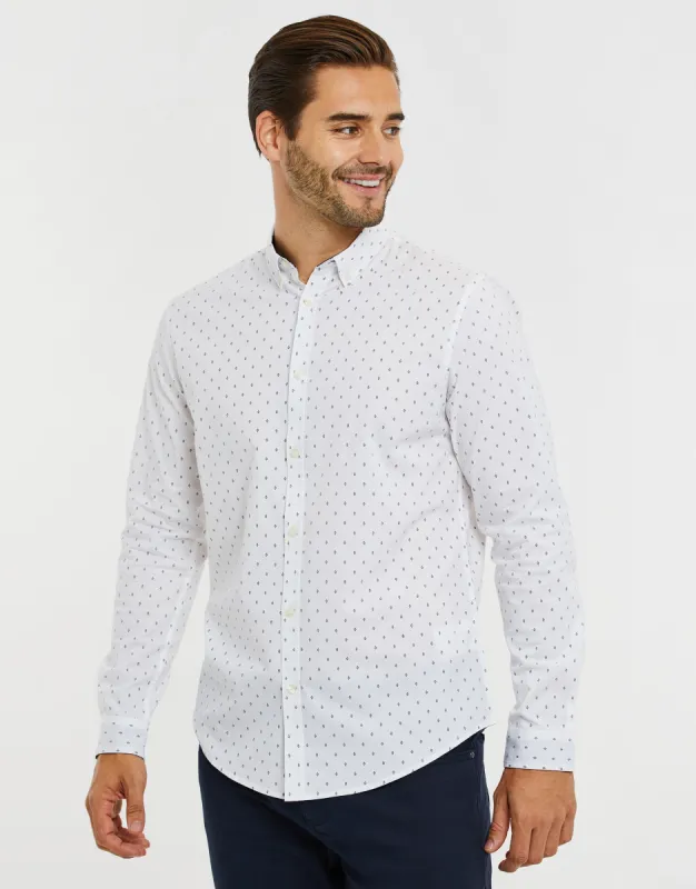 Men's White Geometric Print Long Sleeve Shirt sold by Threadbare