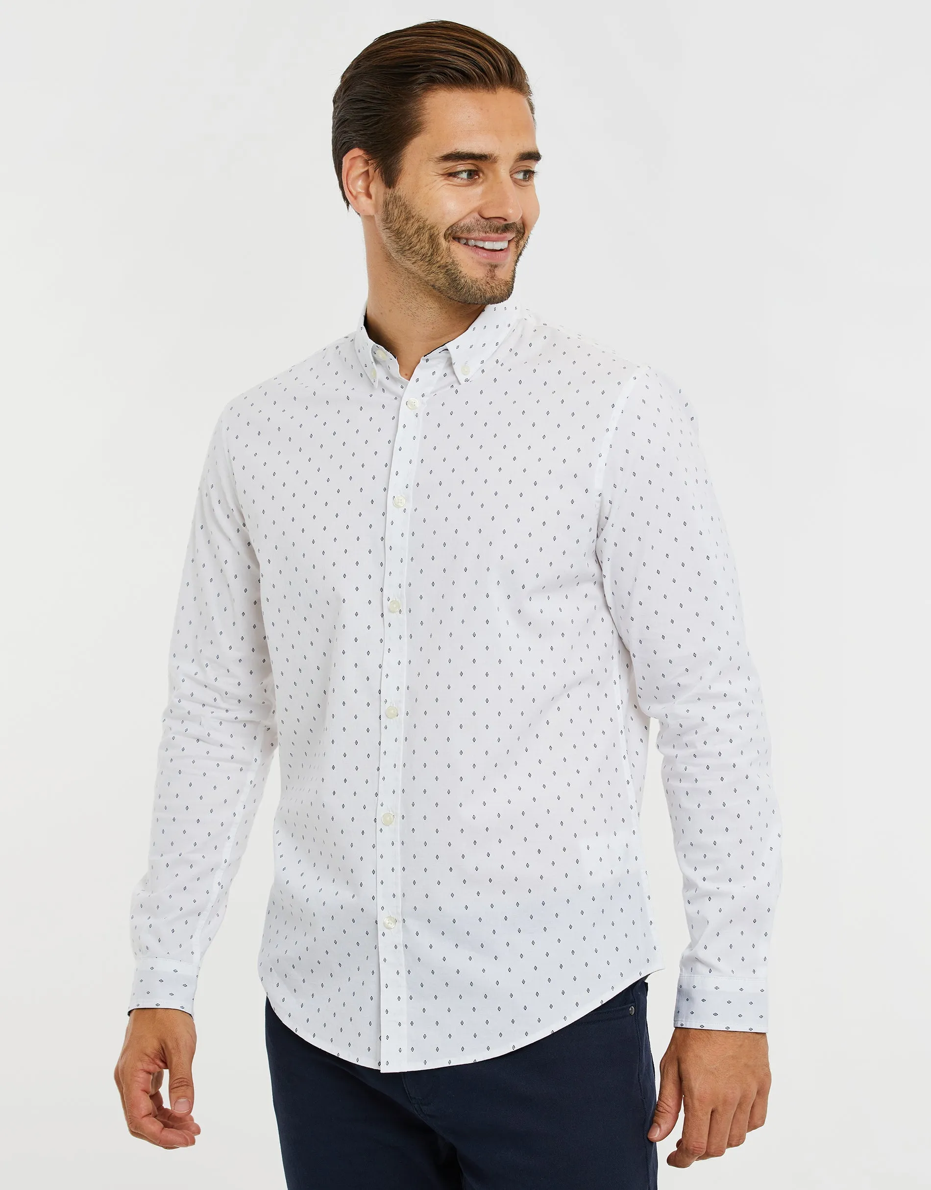 Men's White Geometric Print Long Sleeve Shirt sold by Threadbare