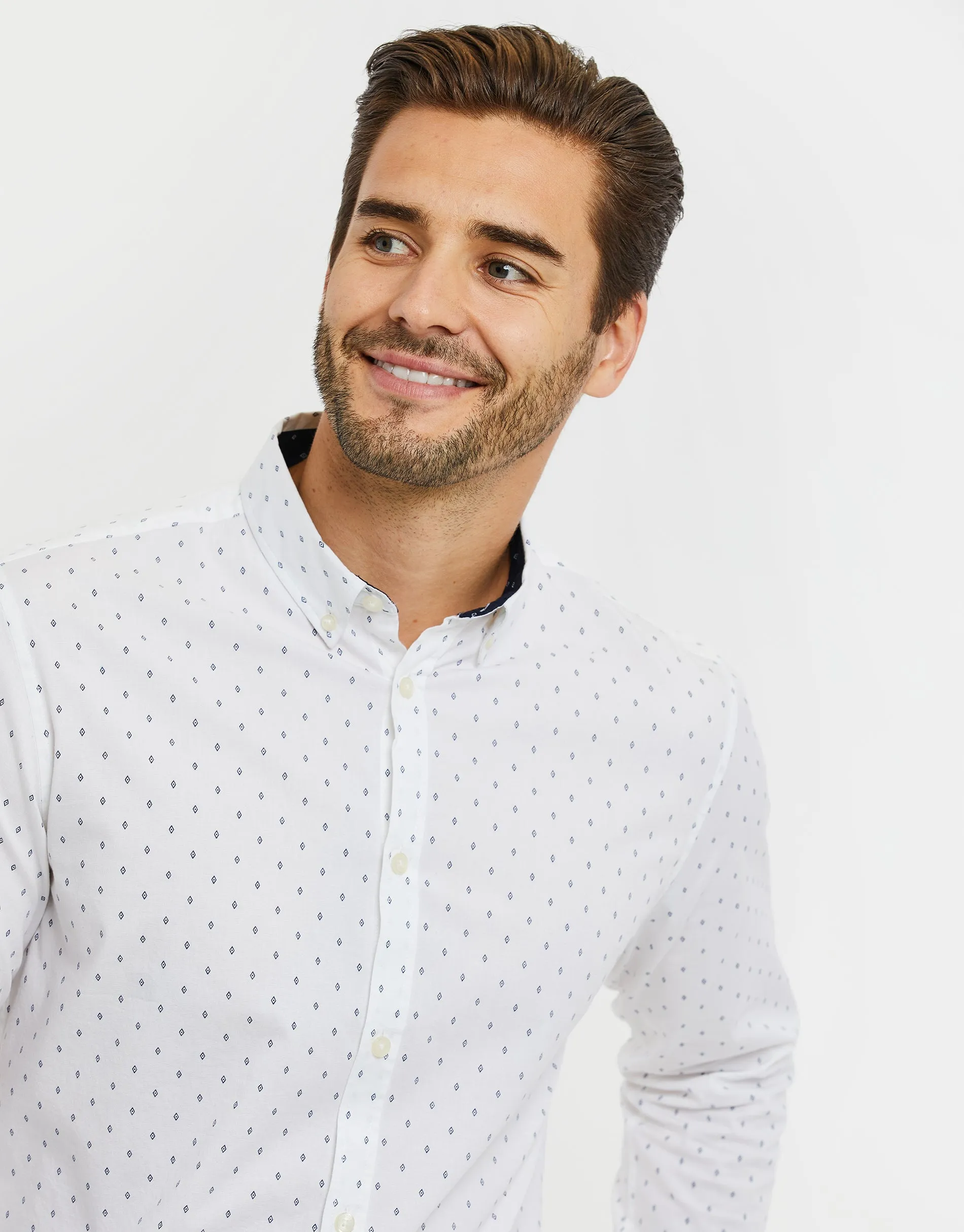 Men's White Geometric Print Long Sleeve Shirt sold by Threadbare product image thumbnail 4