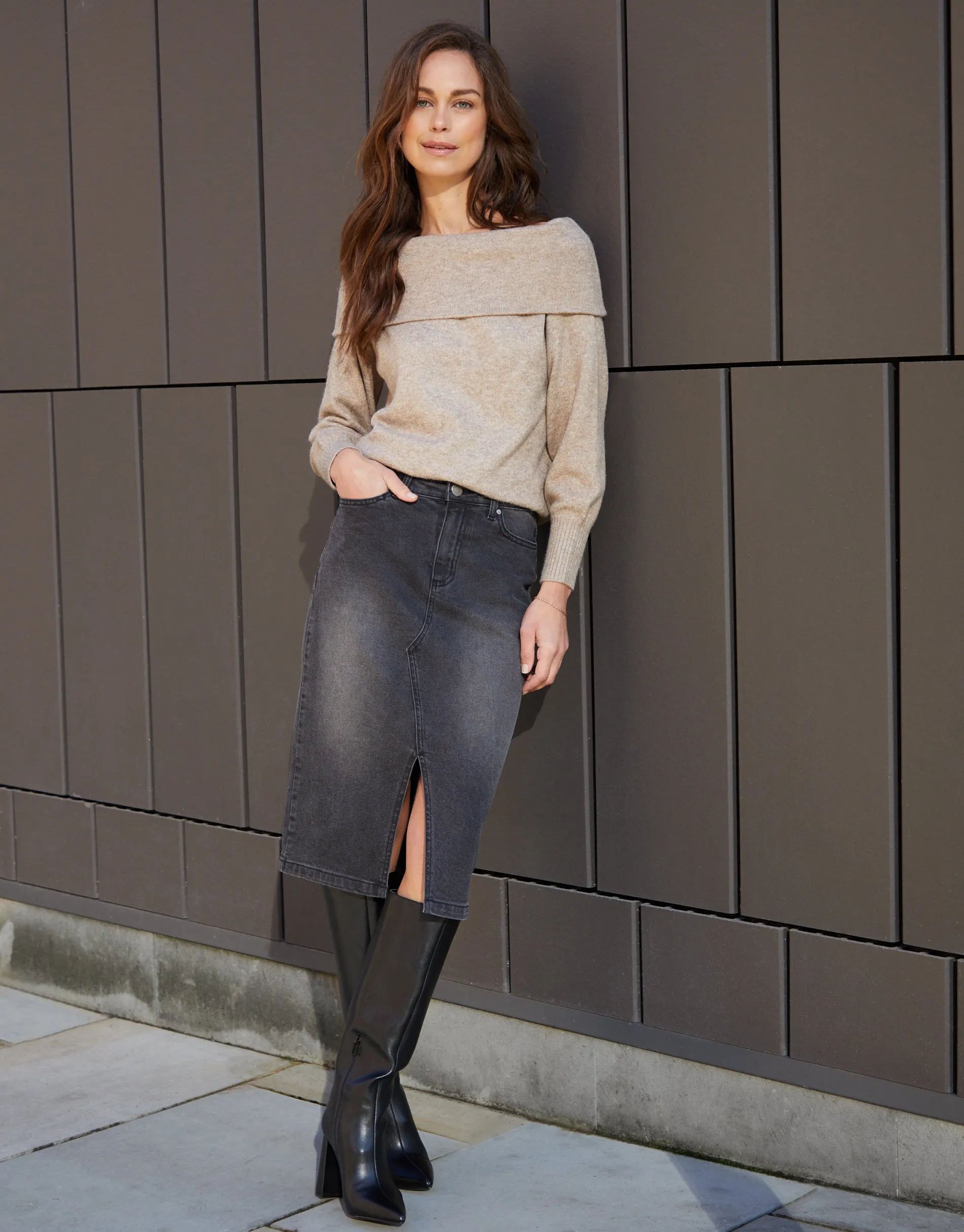 Women's Charcoal Wash Denim Split Front Midi Skirt sold by Threadbare