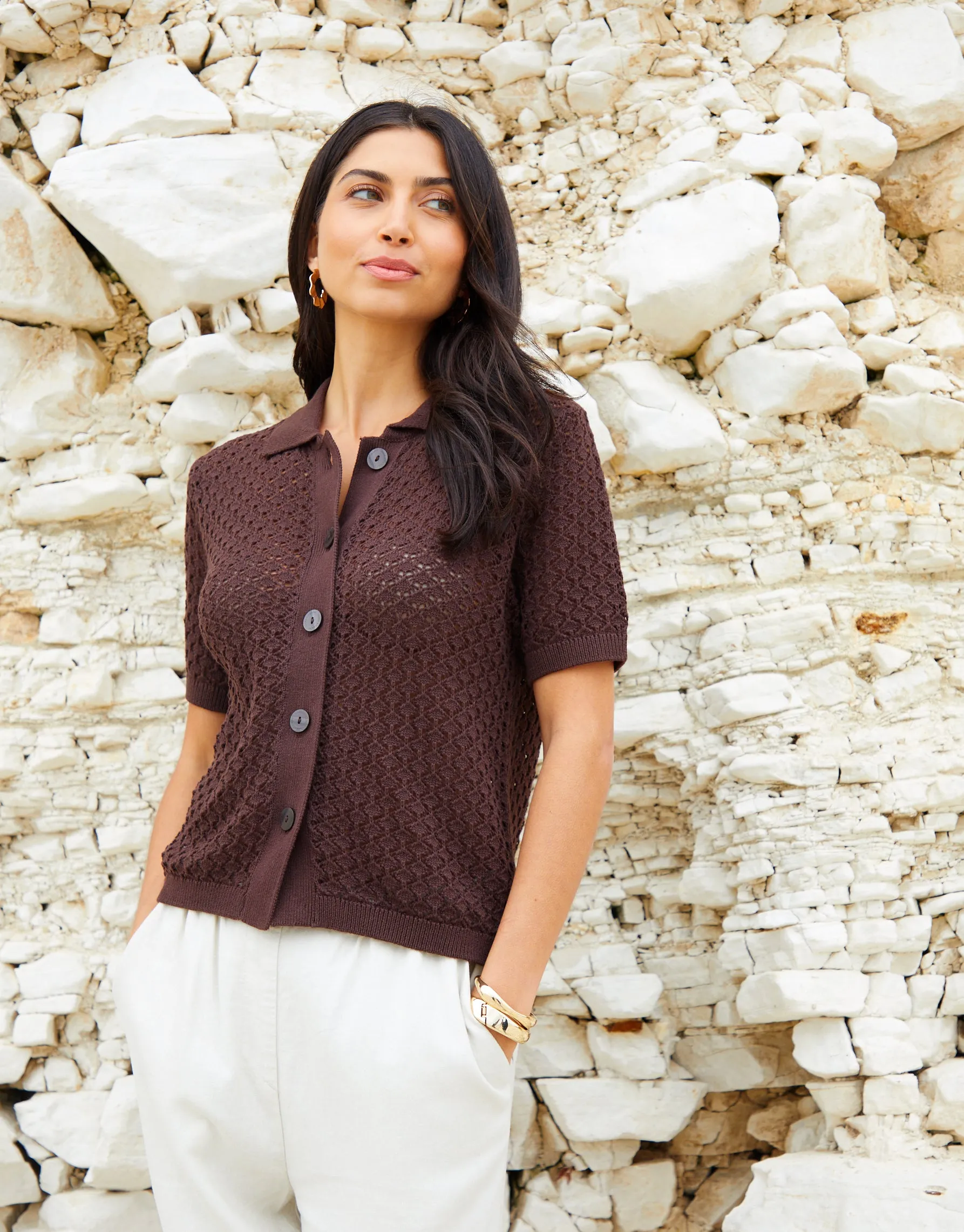 Women's Brown Crochet Knit Short Sleeve Shirt sold by Threadbare product image thumbnail 3