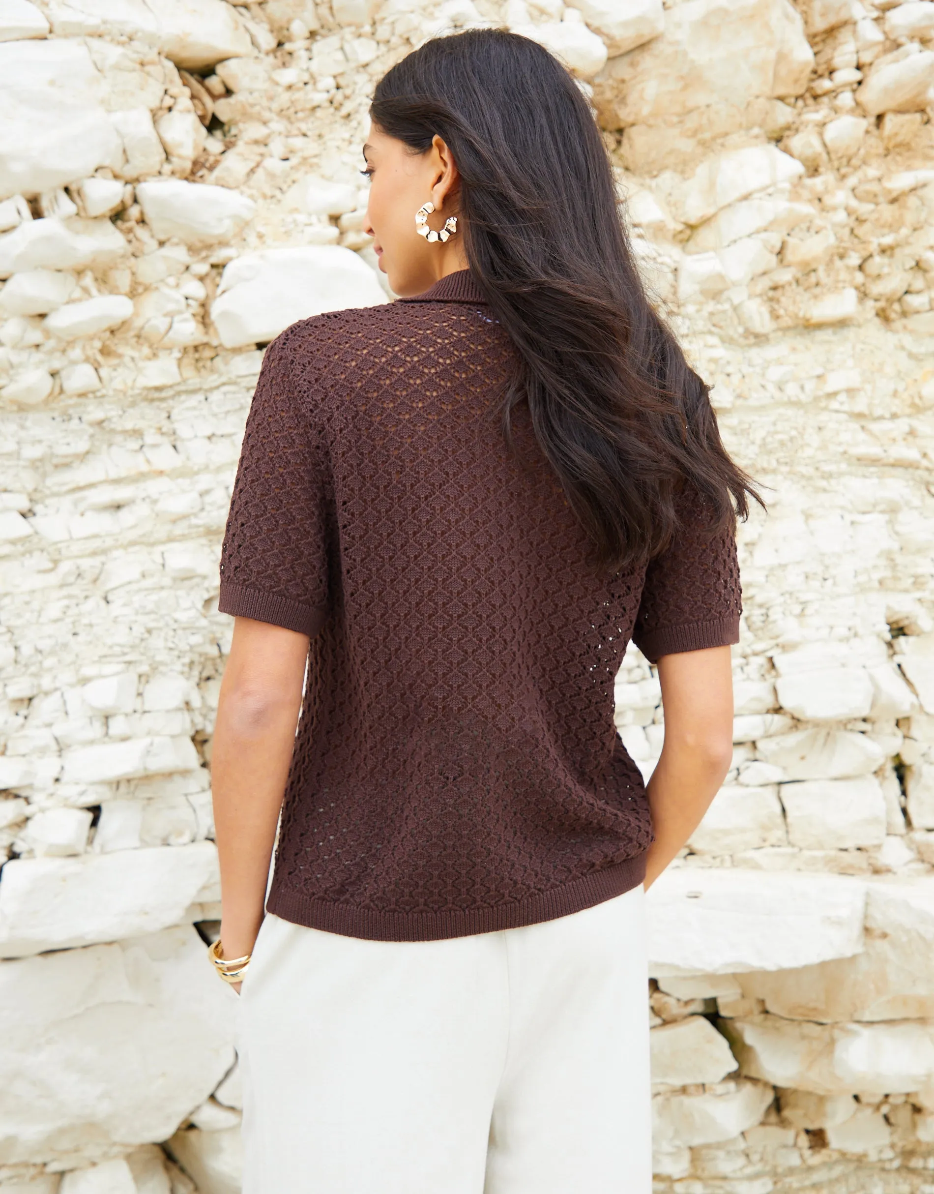 Women's Brown Crochet Knit Short Sleeve Shirt sold by Threadbare product image thumbnail 4