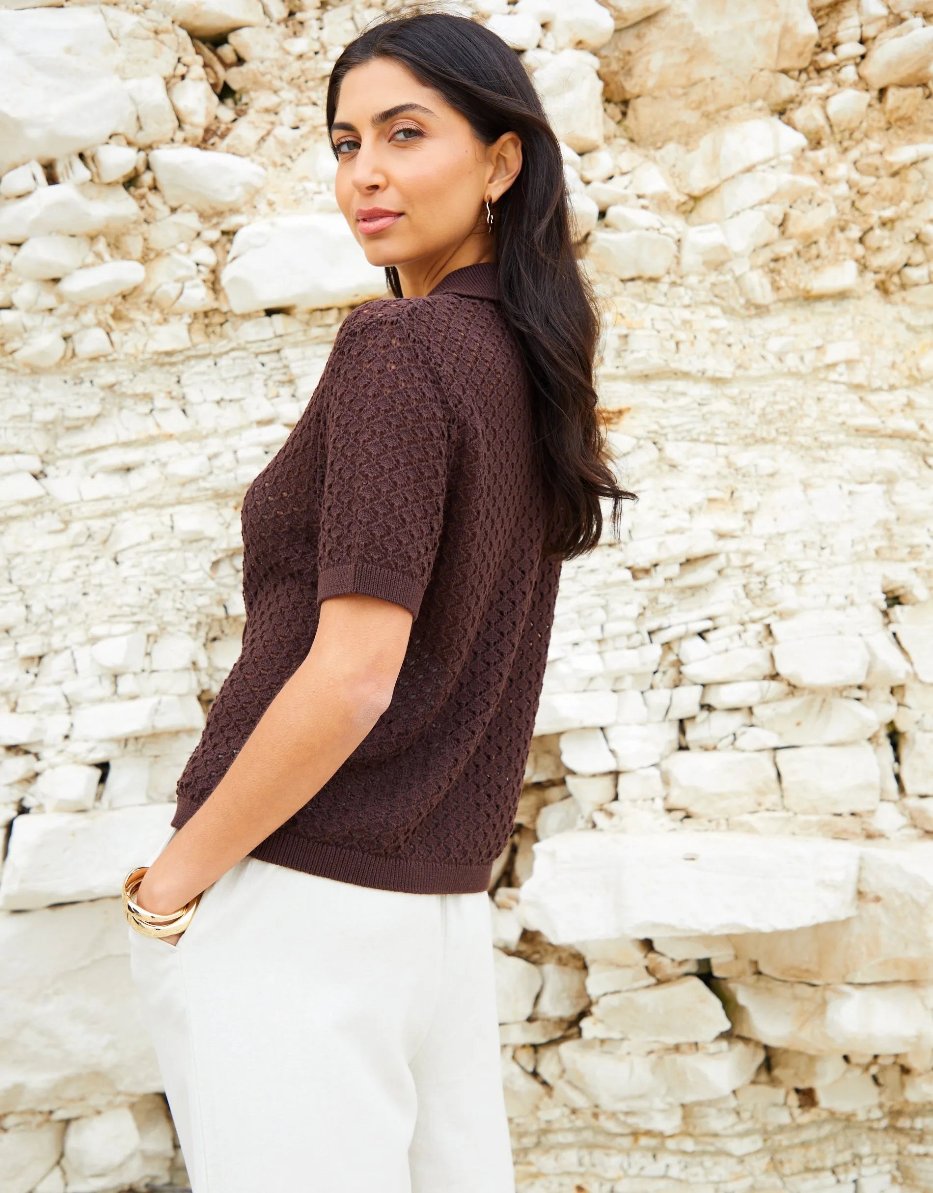 Women's Brown Crochet Knit Short Sleeve Shirt sold by Threadbare product image thumbnail 2