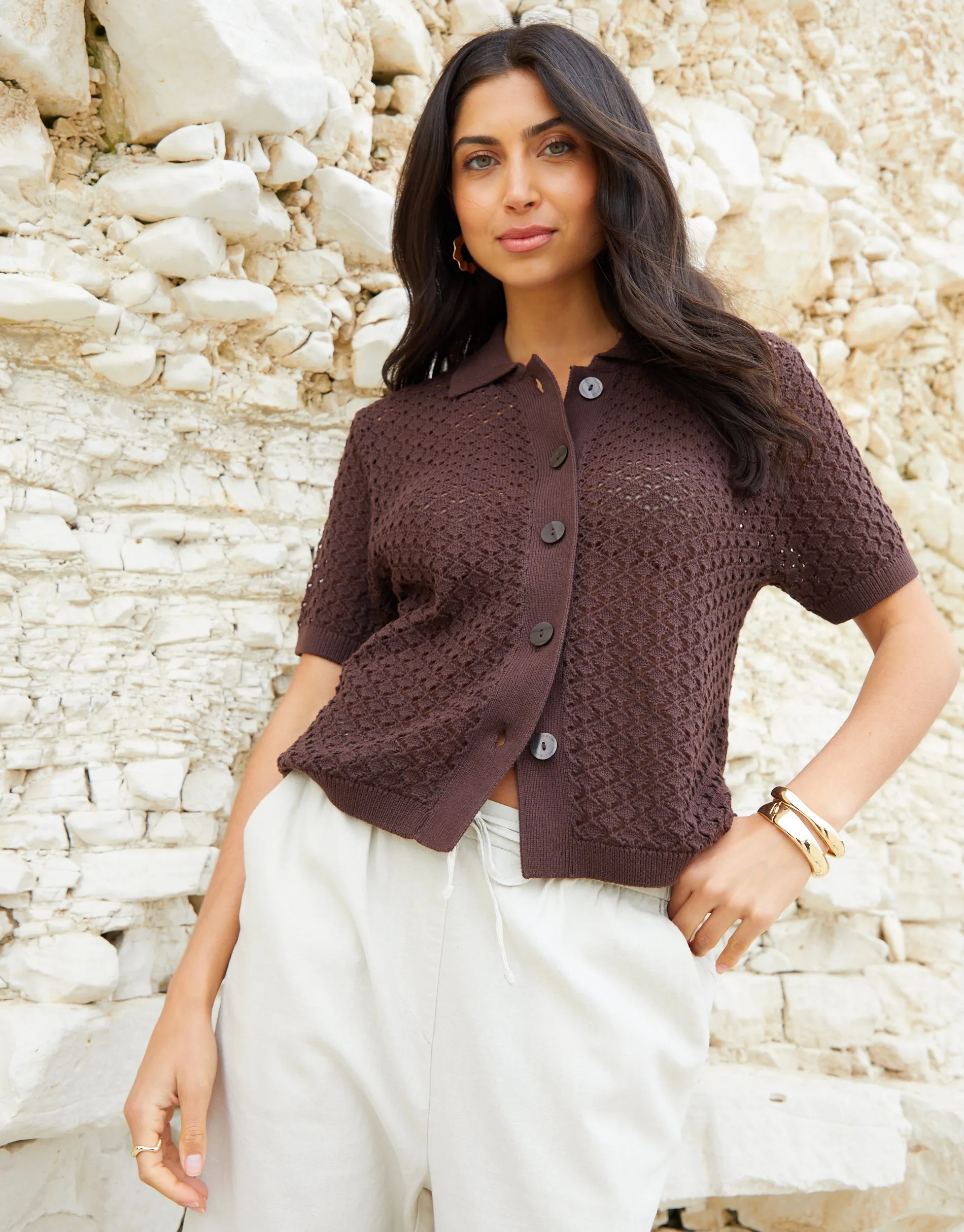 Women's Brown Crochet Knit Short Sleeve Shirt sold by Threadbare product image thumbnail 5