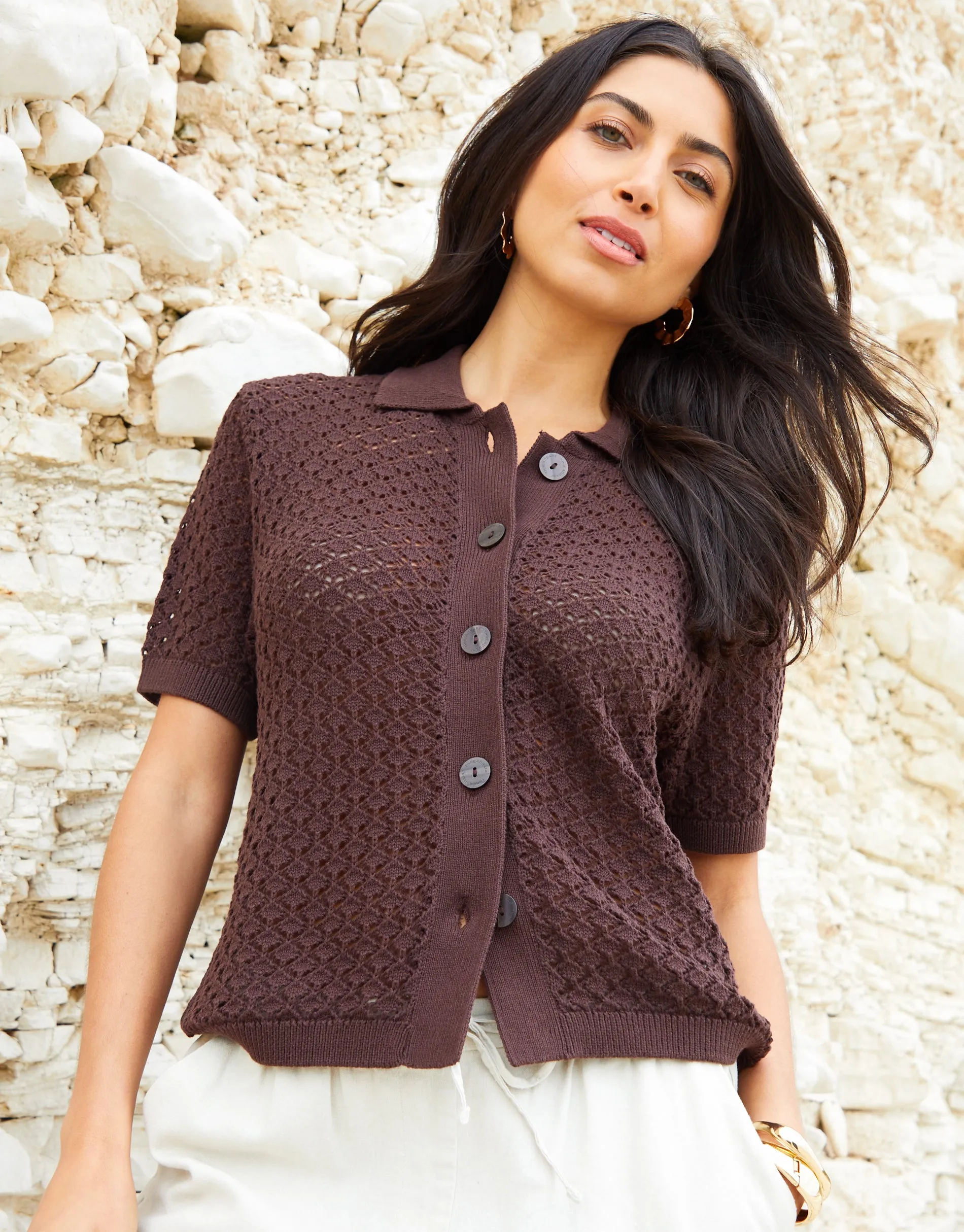 Women's Brown Crochet Knit Short Sleeve Shirt sold by Threadbare