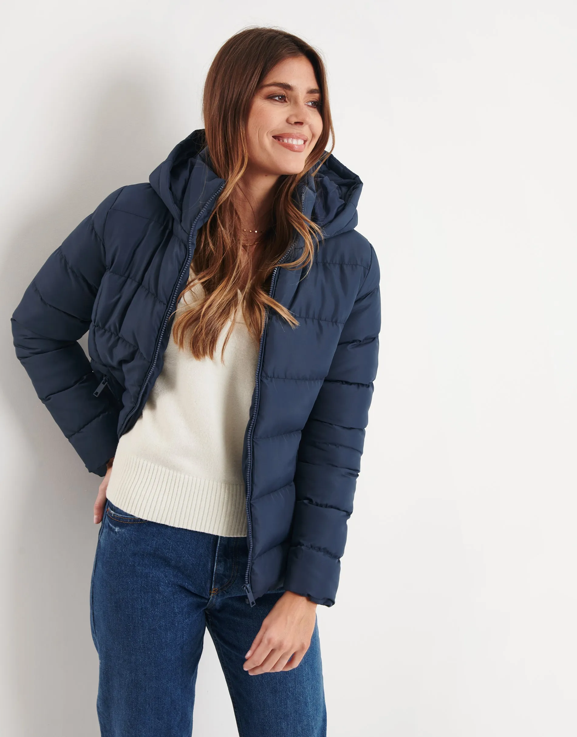 Women's Navy Hooded Puffer Jacket sold by Threadbare