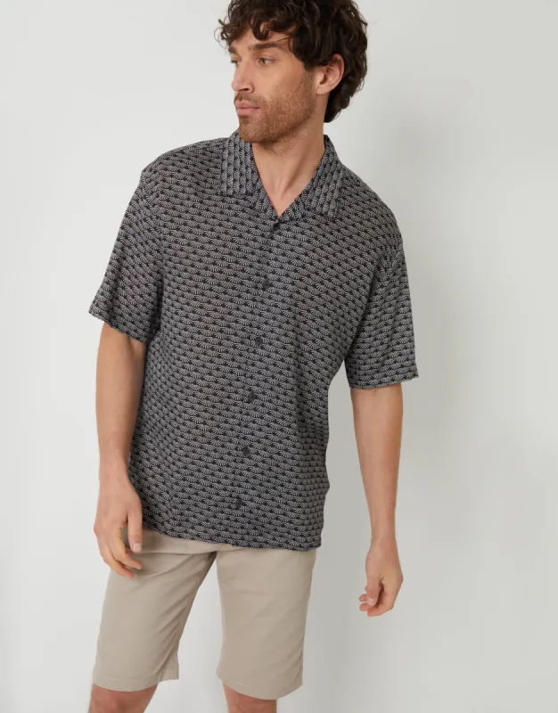 Men's Black Printed Revere Collar Short Sleeve Shirt sold by Threadbare