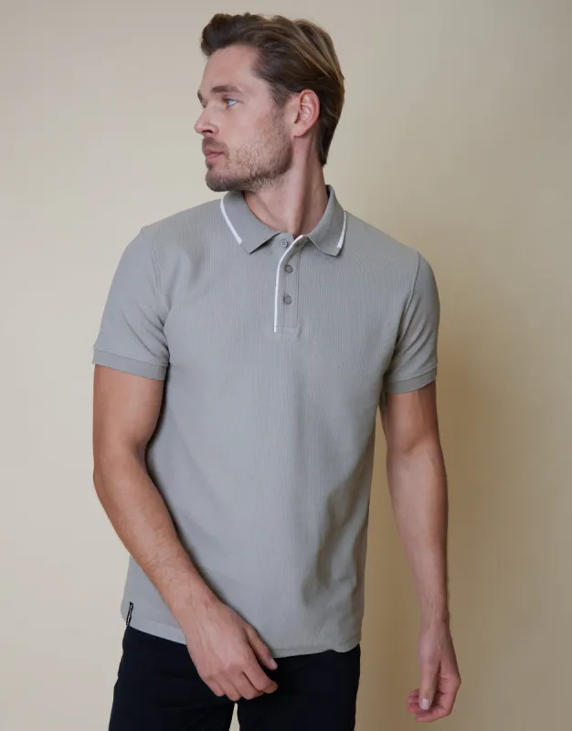 Men's Grey Tipping Detail Rib Collar Polo Shirt sold by Threadbare