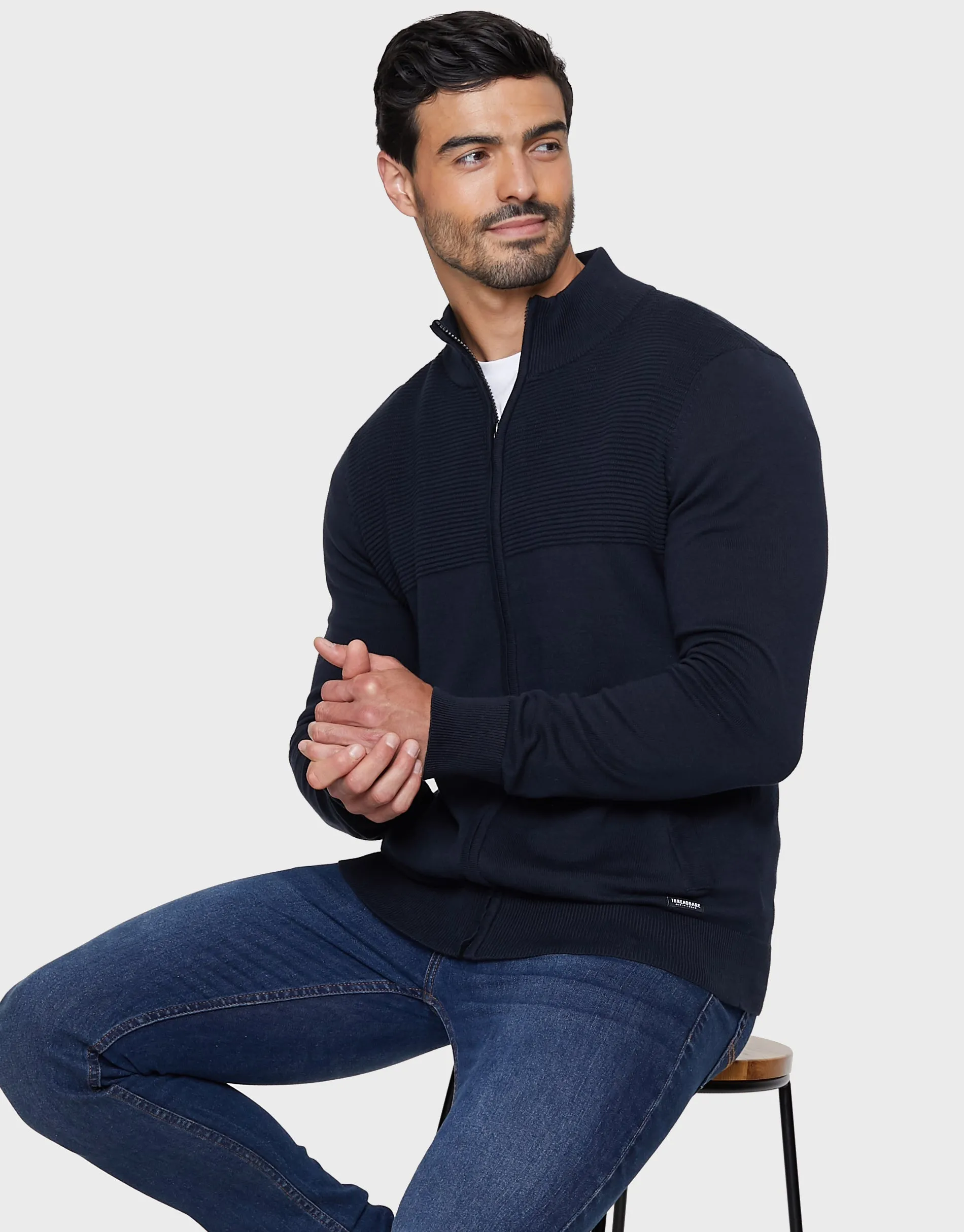 Men's Navy Zip-Through Cardigan sold by Threadbare