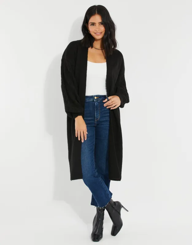 Women's Black Longline Cable Knit Cardigan sold by Threadbare