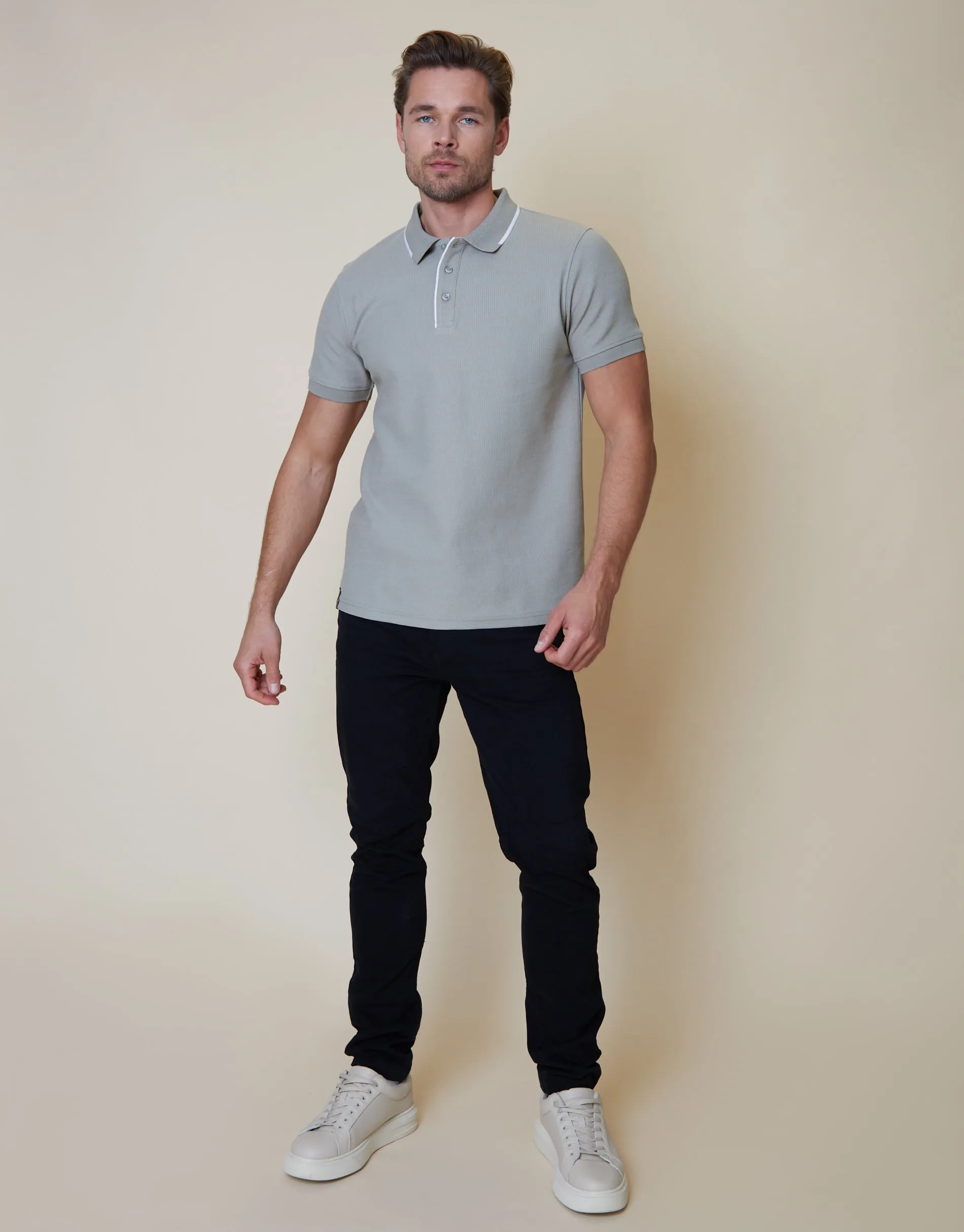 Men's Grey Tipping Detail Rib Collar Polo Shirt sold by Threadbare product image thumbnail 3