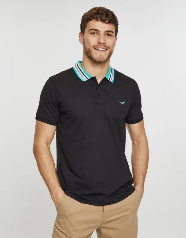 Men's Black Contrast Rib Collar Polo Shirt sold by Threadbare