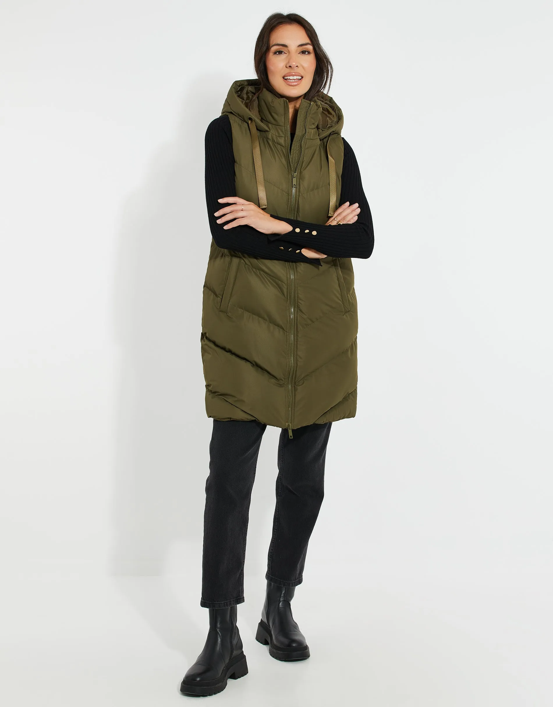 Khaki Green Longline Padded Gilet sold by Threadbare product image thumbnail 3