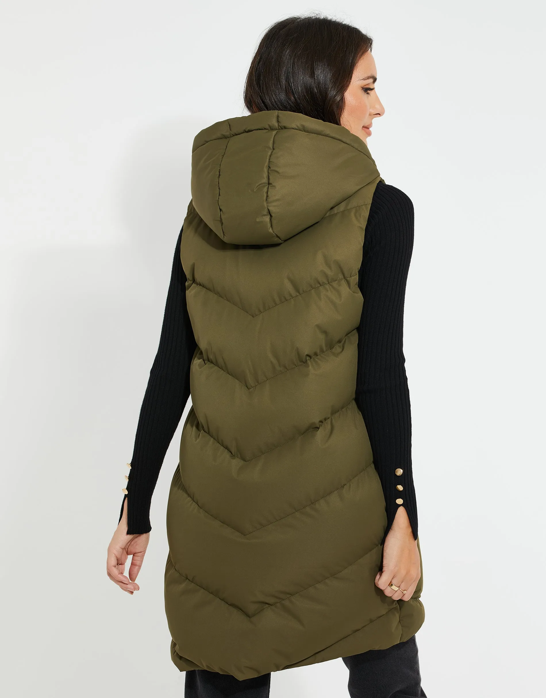Khaki Green Longline Padded Gilet sold by Threadbare product image thumbnail 2