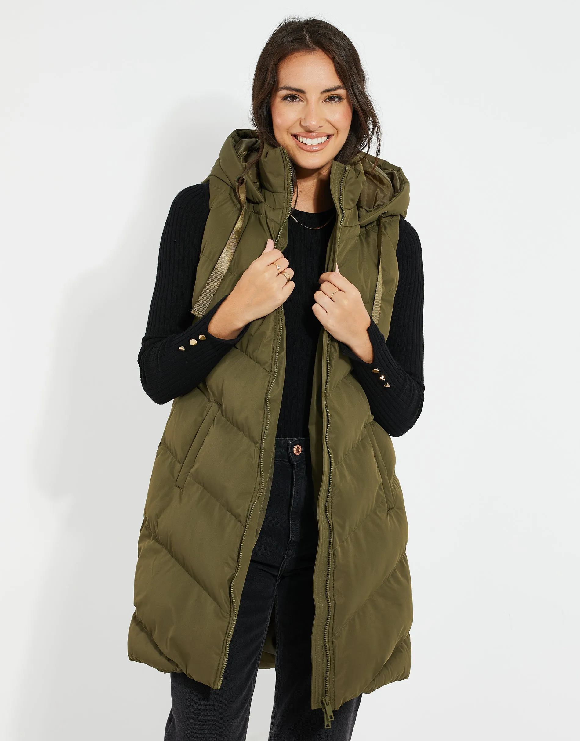 Khaki Green Longline Padded Gilet sold by Threadbare