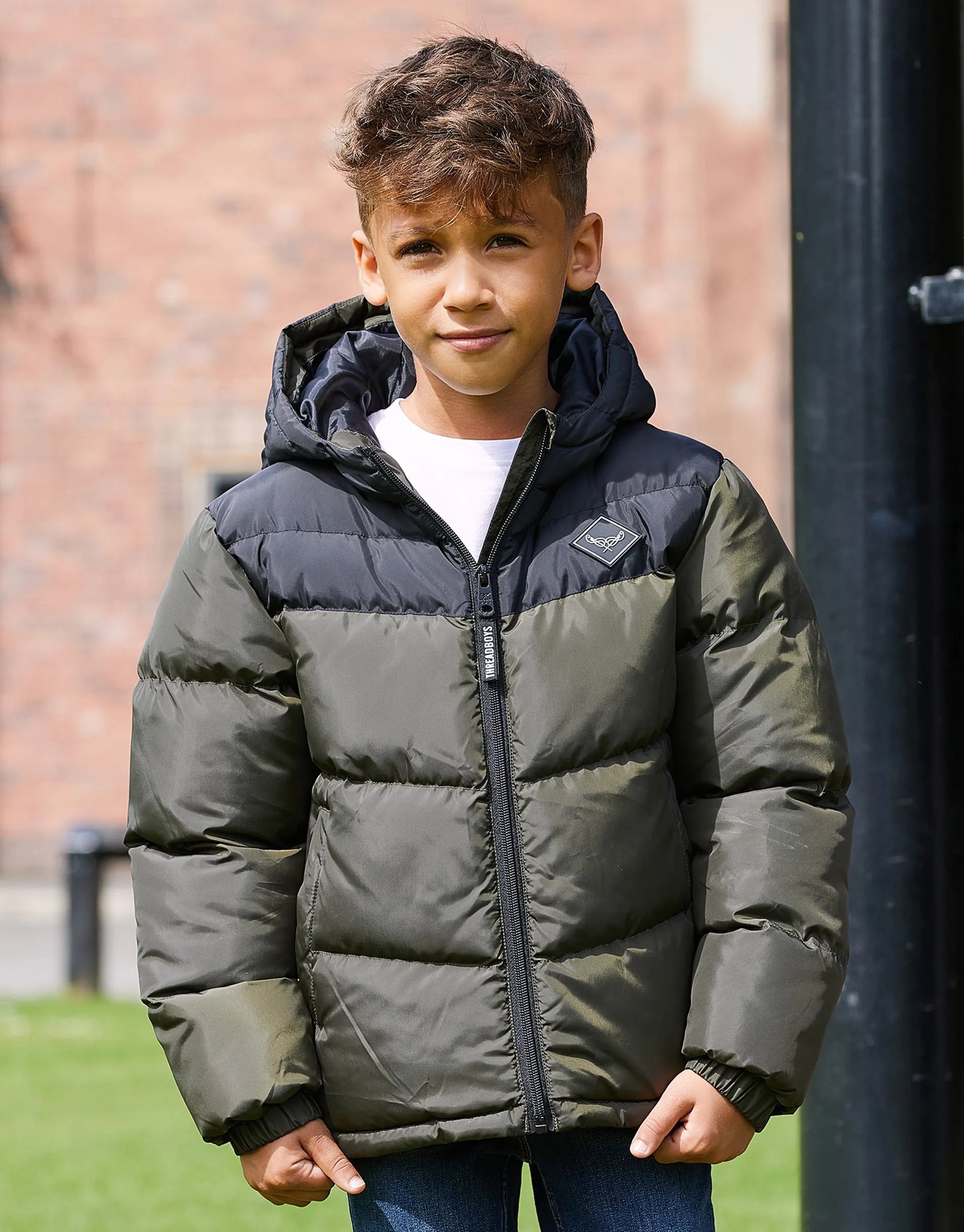 Boys' Khaki Colourblock Puffer Jacket sold by Threadbare