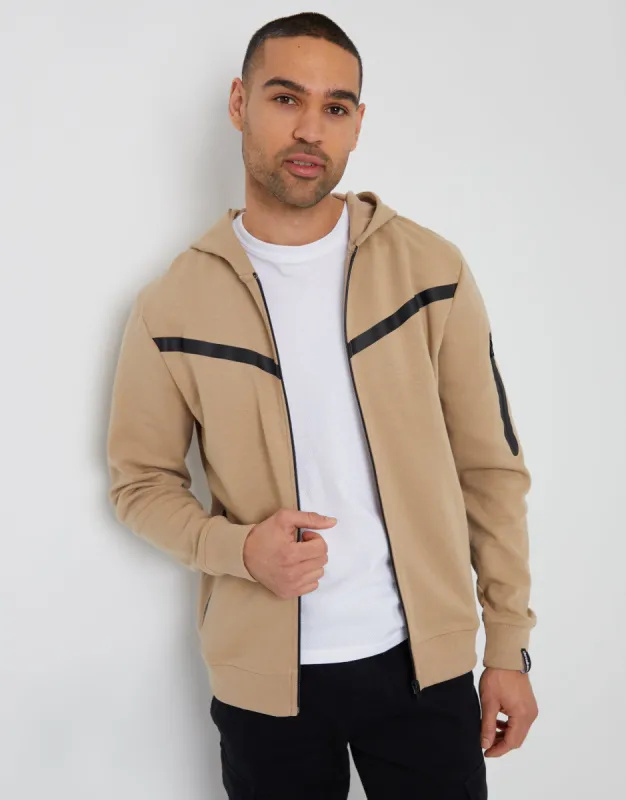 Men's Stone Chevron Detail Zip-Through Hoodie sold by Threadbare