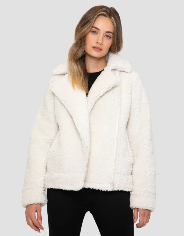 Women's Cream Faux Borg Biker Jacket sold by Threadbare