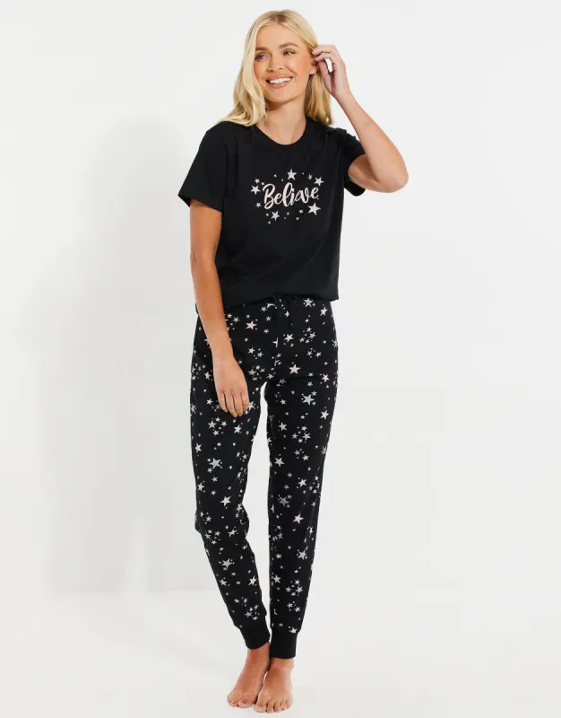 Women's Black Star Print Pyjamas (2-Piece Set) sold by Threadbare