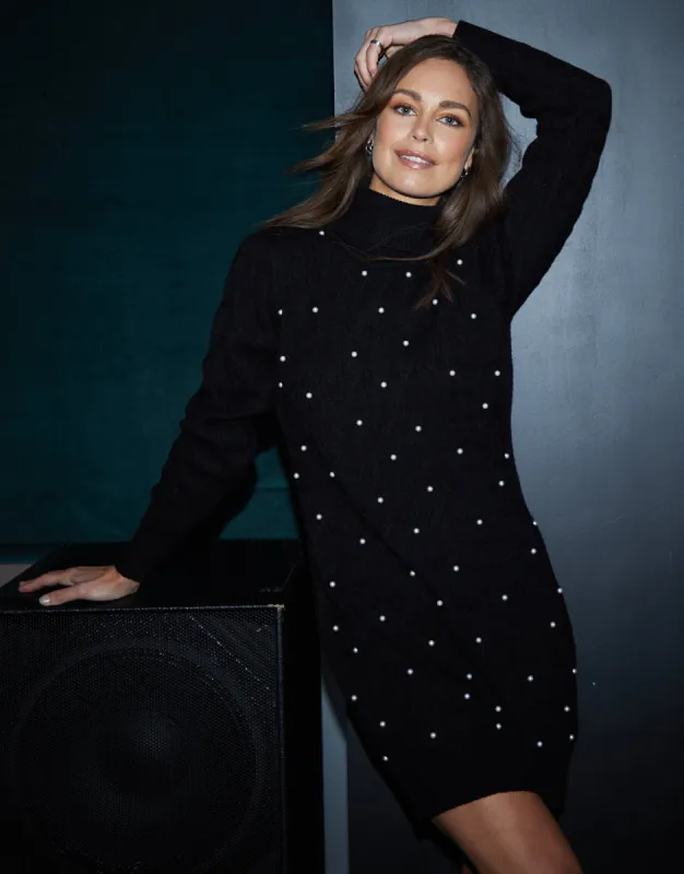 Women's Black Pearl Detail Cable Knit Jumper Dress sold by Threadbare