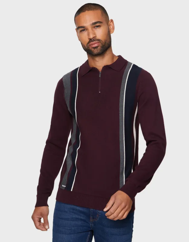 Men's Burgundy Striped Quarter Zip Polo Jumper sold by Threadbare