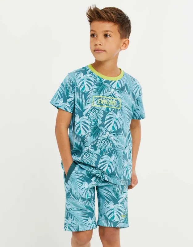 Boys' Blue Palm Print T-Shirt & Shorts Co-ord (2-Piece Set) made by Threadbare